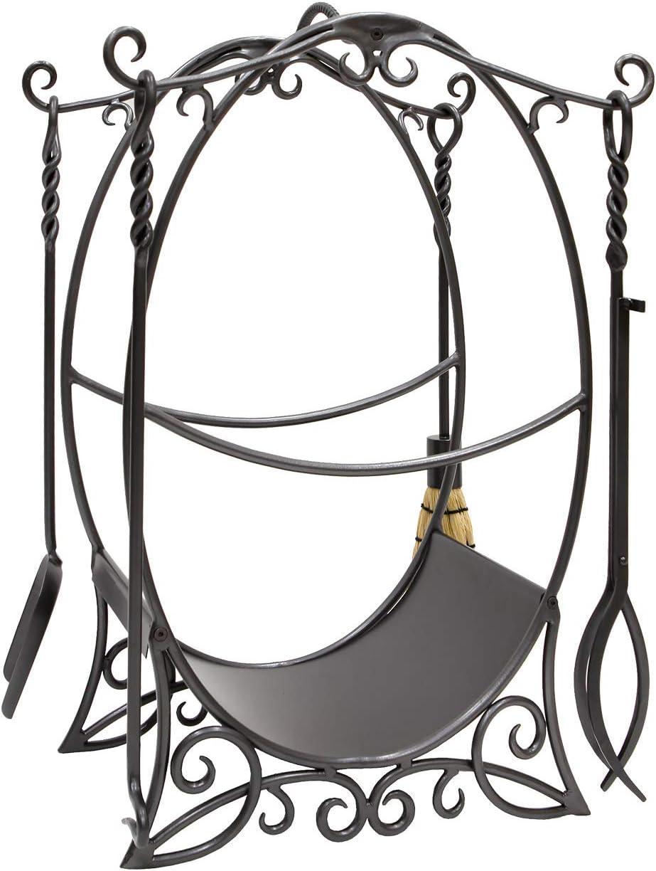 Graphite Wrought Iron Fireplace Tool Set with Wood Holder