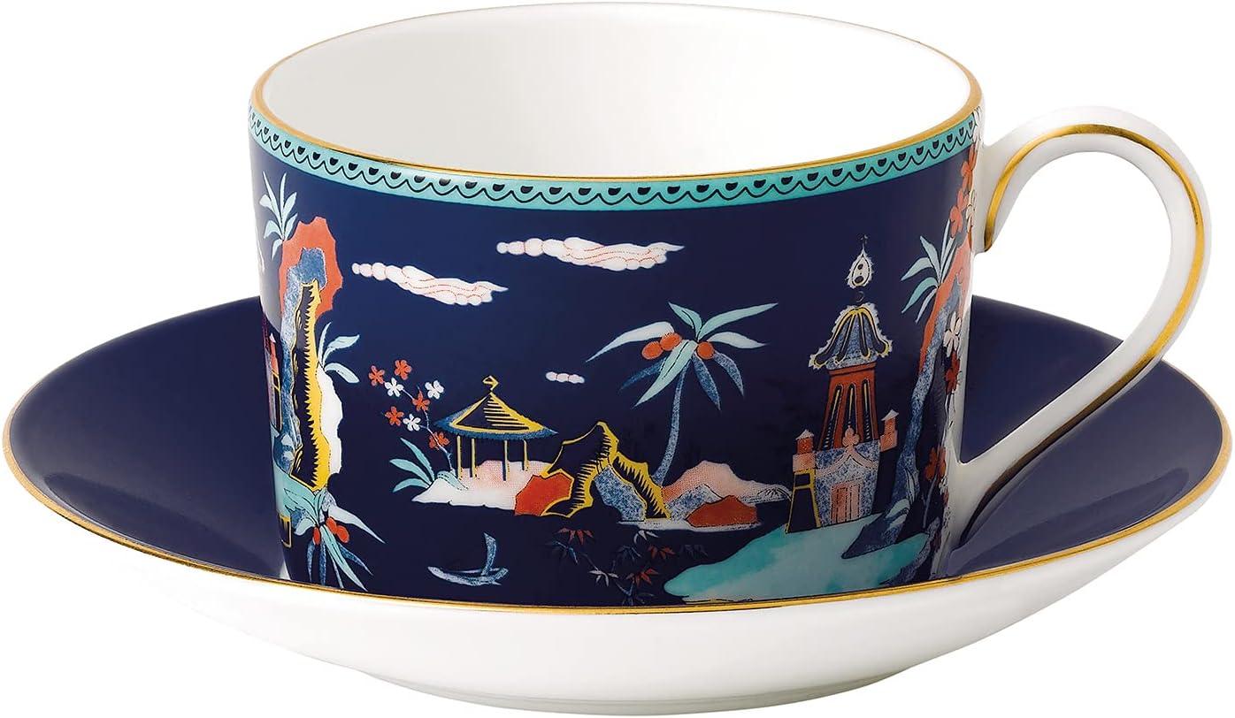 Blue Pagoda Ceramic Teacup and Saucer Set with Gold Trim