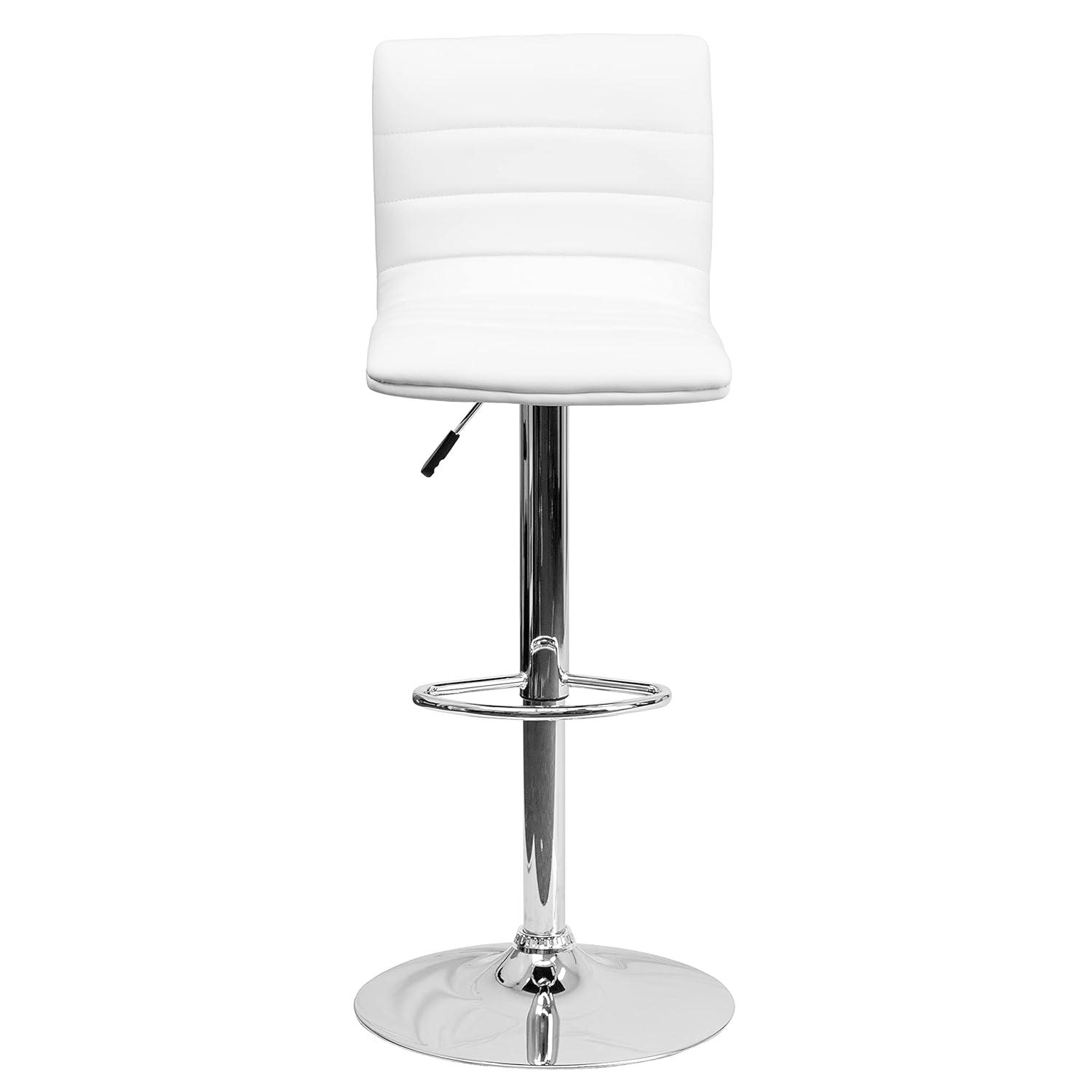 Flash Furniture Modern White Vinyl Adjustable Bar Stool with Back, Counter Height Swivel Stool with Chrome Pedestal Base