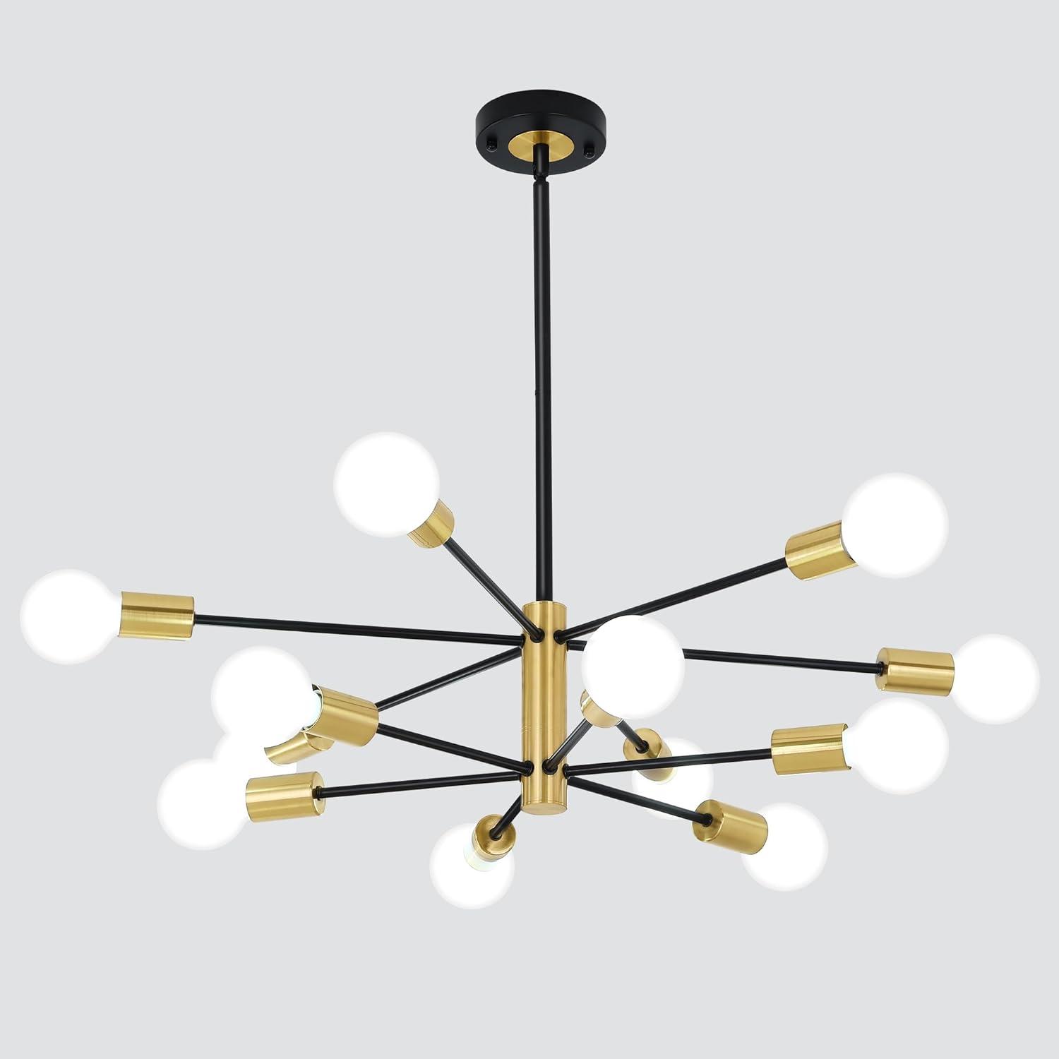 Kaisite  12-Light Modern Sputnik Chandeliers Black & Gold Ceiling Light Fixtures for Dining Room Living Room Bedroom