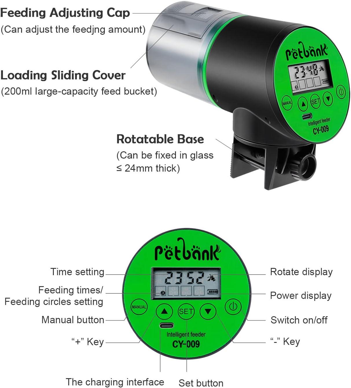 Petbank Automatic Fish Feeder for Aquarium, Auto Fish Food Dispenser with Timer, USB Charging, Green