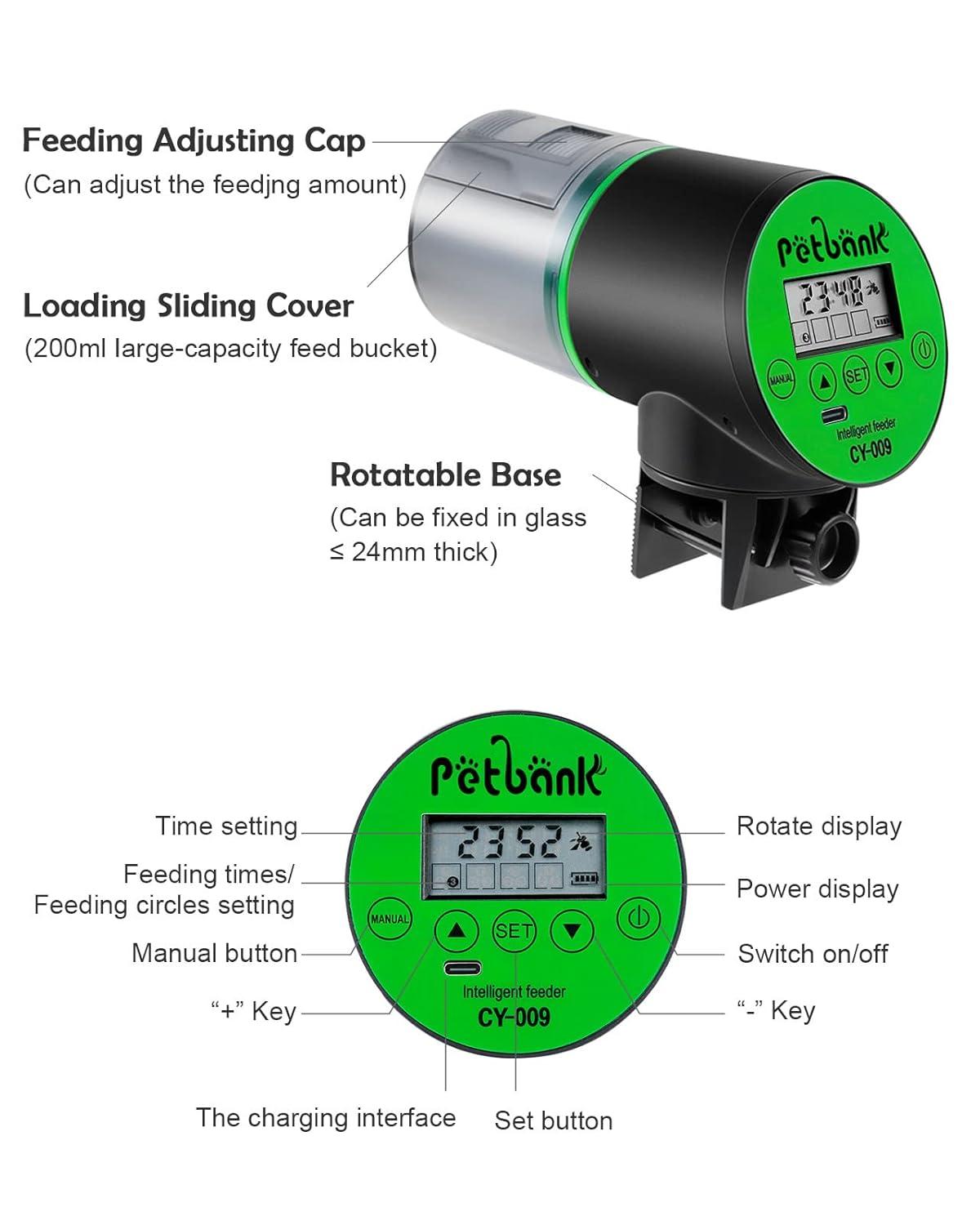 Petbank Automatic Fish Feeder for Aquarium, Auto Fish Food Dispenser with Timer, USB Charging, Green