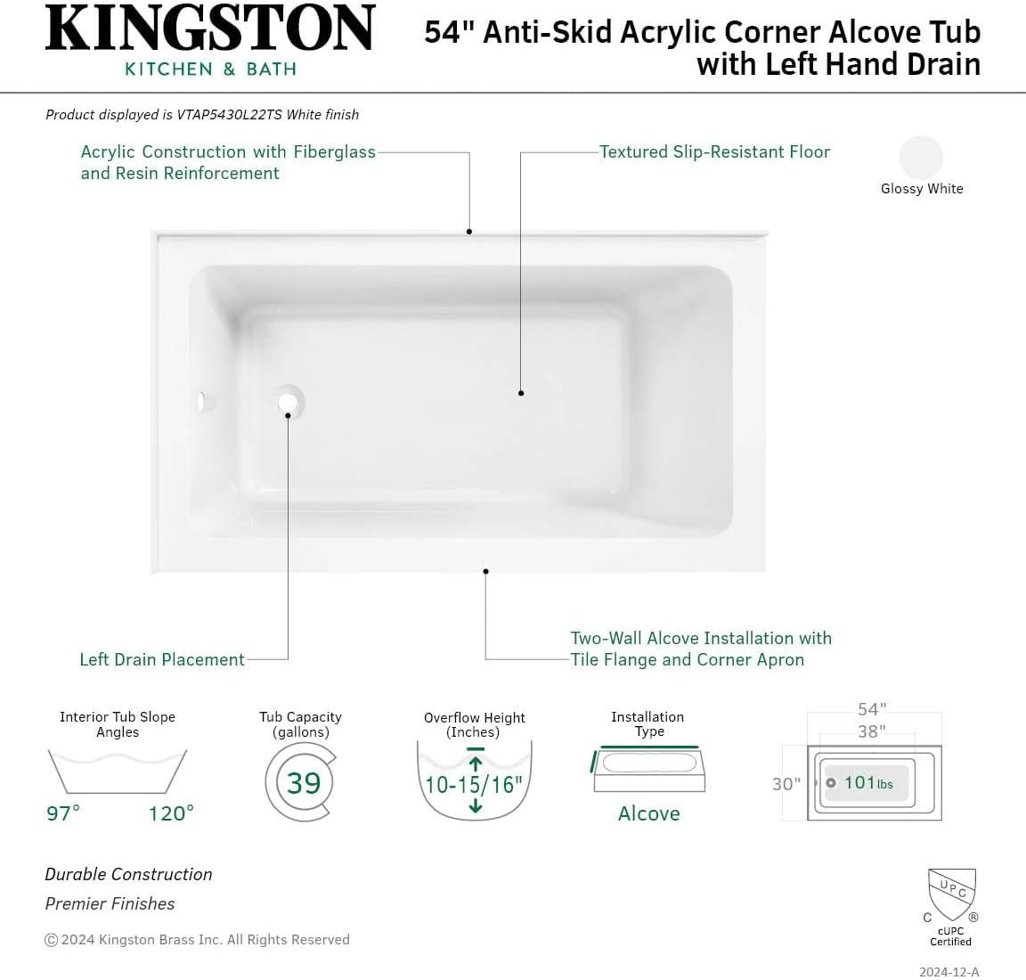 Kingston Brass Aqua Eden 54-Inch Acrylic Rectangular 2-Wall Corner Alcove Tub, Hand Drain