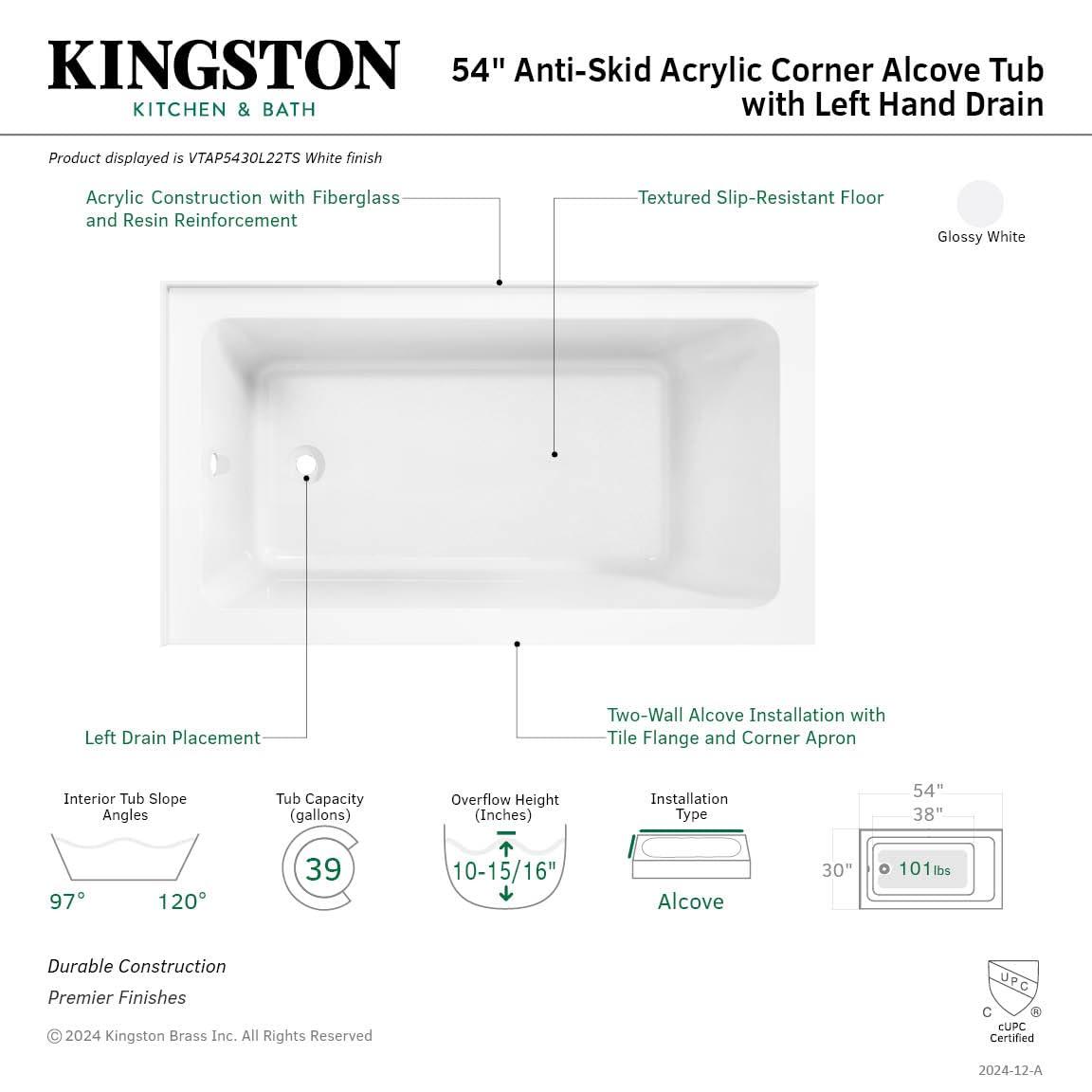 Kingston Brass Aqua Eden 54-Inch Acrylic Rectangular 2-Wall Corner Alcove Tub, Hand Drain