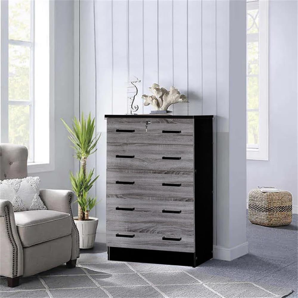 Cindy 5 Drawer Chest Wooden Dresser with Lock, Ebony Black