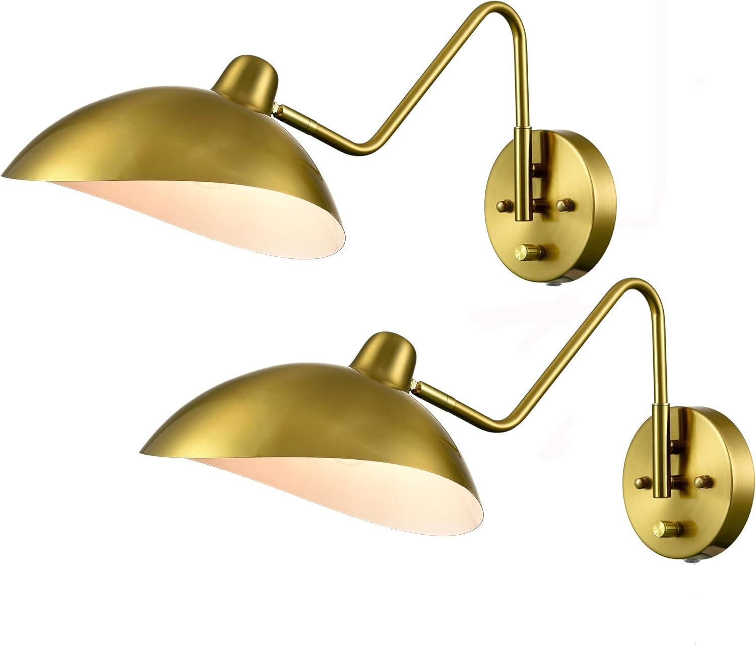 Plug-in Wall Sconce Gold Swing Arm Wall Sconce Brass Wall Lamp with on/Off Switch for Bedroom Set of 2