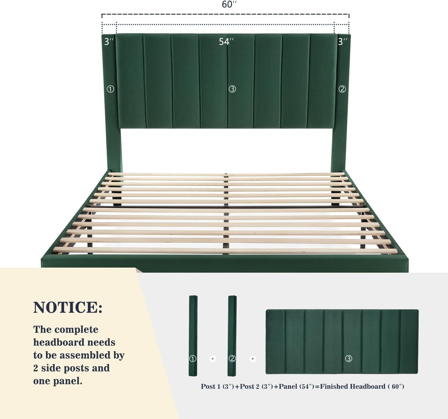 Einfach Queen Size Platform Bed Frame with Upholstered Velvet Vertical Headboard, Green