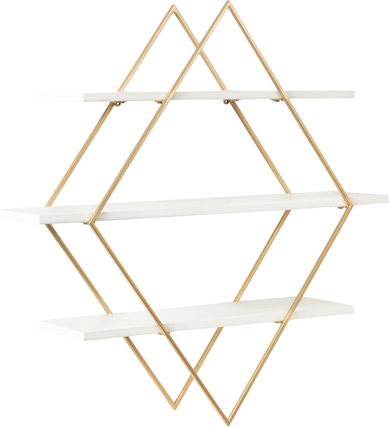 White and Gold Diamond Floating Wall Shelf with Wooden Accents