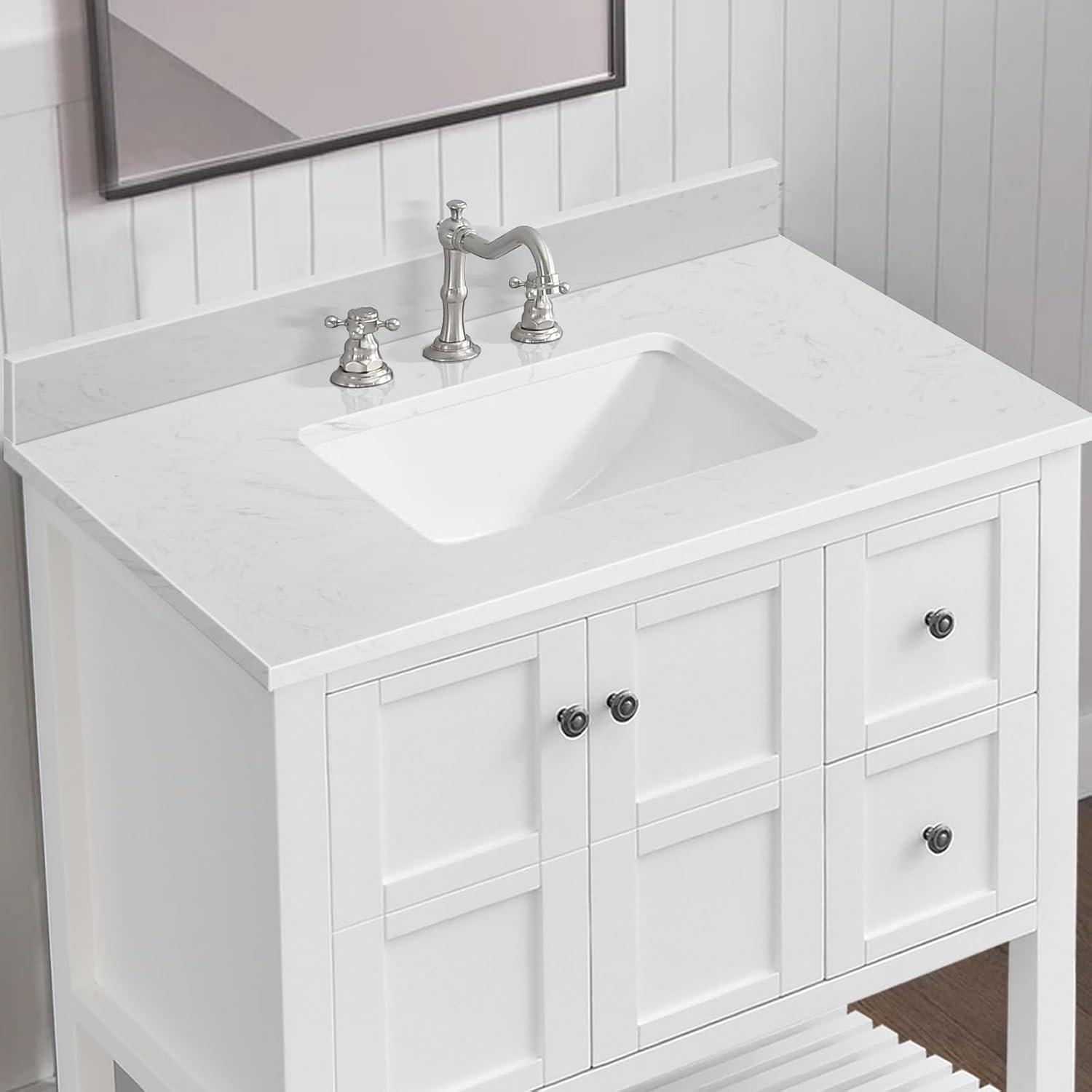 36" White Engineered Stone Vanity Top with Rectangular Sink