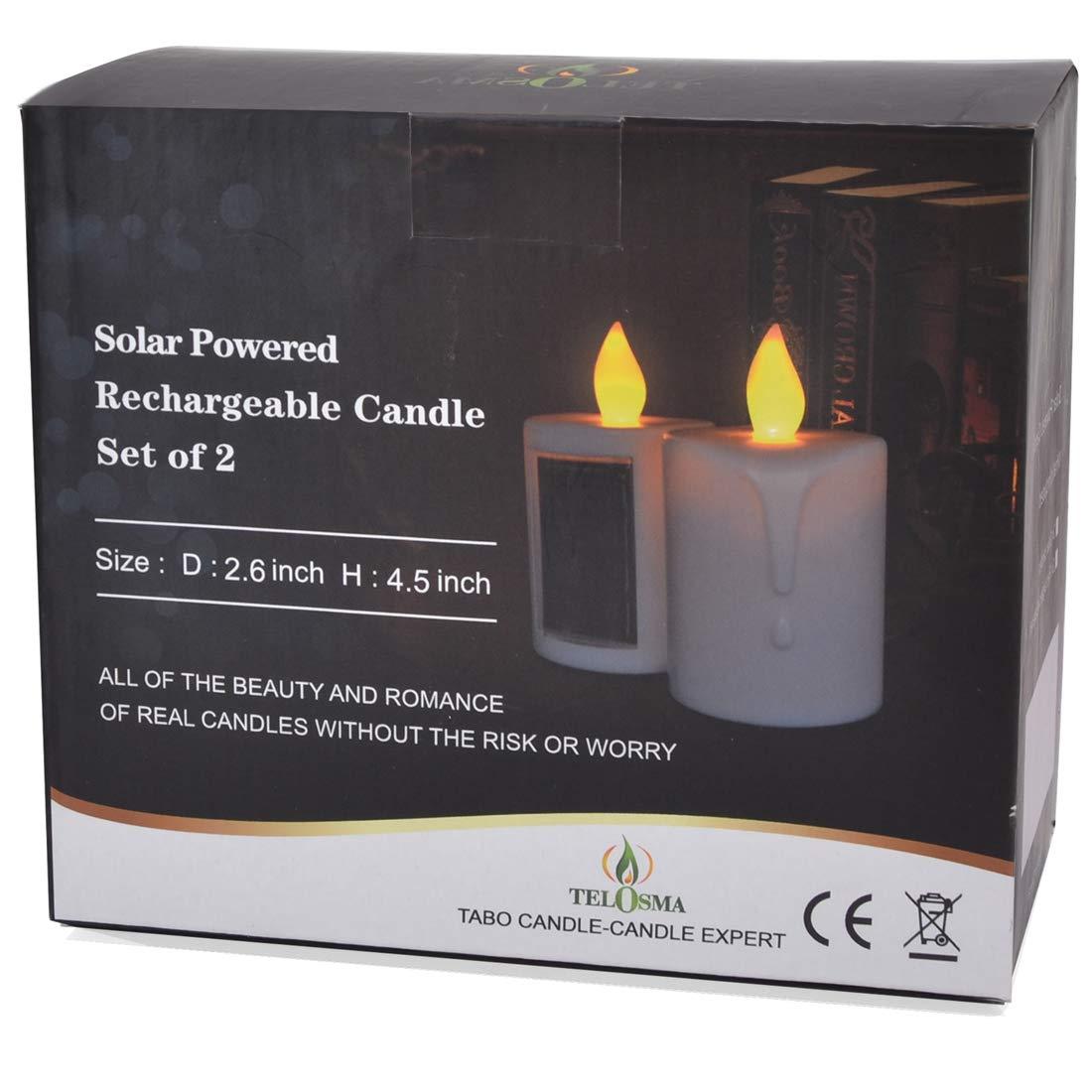TELOSMA 2 PCS Solar Powered LED Candle Light Flameless Rechargeable Waterproof Candle for Window Outdoor Yard Lamp Garden Camping Lantern