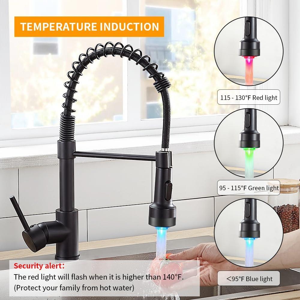 Matte Black LED Kitchen Faucet with Pull Down Sprayer and Soap Dispenser