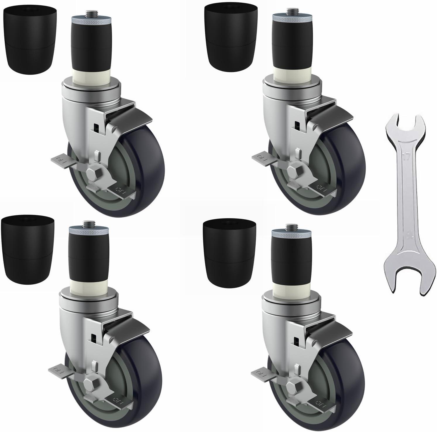 4 inch Prep Table Casters Set of 4 for Commercial Kitchen Prep Tables, Expanding Stem Caster Wheels for Table Legs All with Brake Fit 1-1/2" and 1-5/8" Inner Diameter Leg Tube Adapter Caster