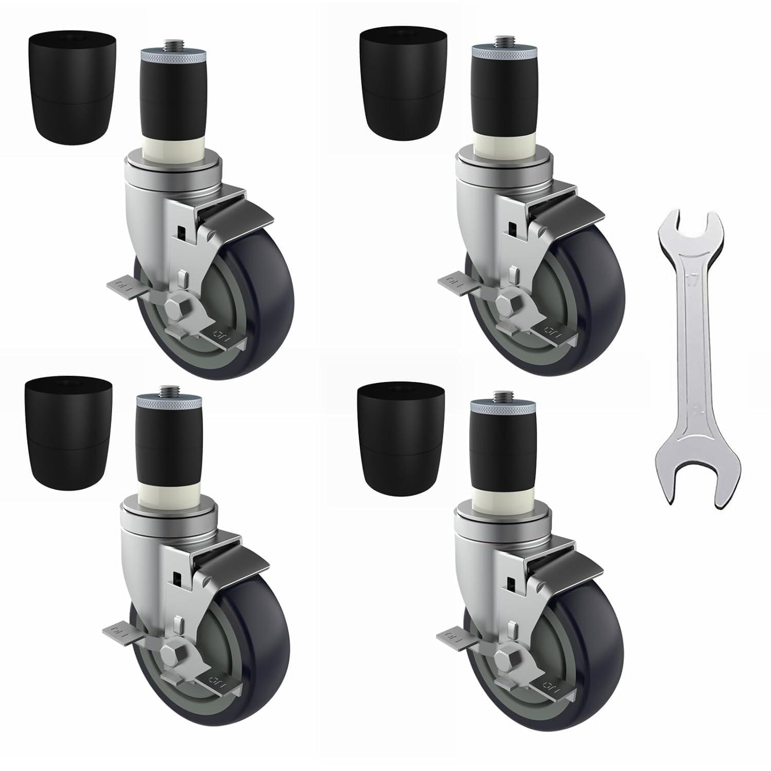 4 inch Prep Table Casters Set of 4 for Commercial Kitchen Prep Tables, Expanding Stem Caster Wheels for Table Legs All with Brake Fit 1-1/2" and 1-5/8" Inner Diameter Leg Tube Adapter Caster