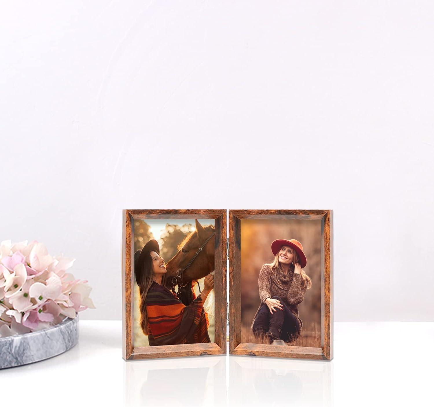 TOFOREVO 4x6 Double Picture Frame Rustic Brown Wooden Hinged Beveled Photo Frame Definition Glass 2 Vertical Openings Stand on Desktop Tabletop