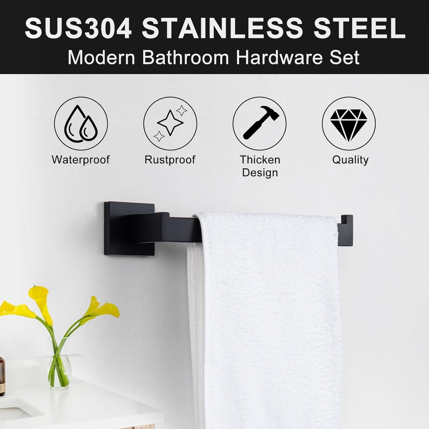 Bathroom Hardware Accessories Set Matte Black,5-Piece Black Towel Bar Set 16" Wall Mounted Towel Holder Stainless Steel-Includes Towel Bar,Robe Towel Hooks,Toilet Paper