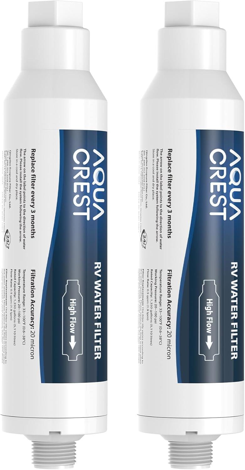 2 PACK, AQUA CREST RV Inline Water Filter with Hose Protector, NSF Certified, Greatly Reduces Chlorine, Bad Taste, Odor in Drinking Water, KDF Filter for RVs and Marines (Packaging May Vary)