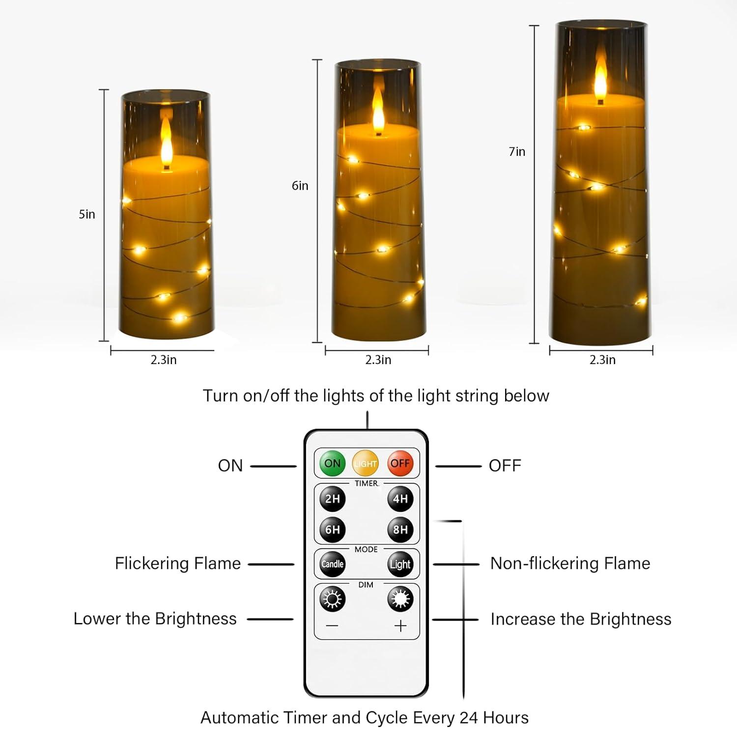 Raycare Flameless LED Candles with Embedded Star String, 9 Pcs Battery Operated Acrylic Pillar Candles with Timer and Remote, Flickering for Romantic Ambiance and Home Decoration (Grey)