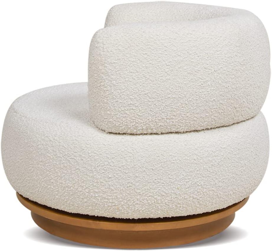 Ivory White Boucle Swivel Barrel Accent Chair with Wood Base