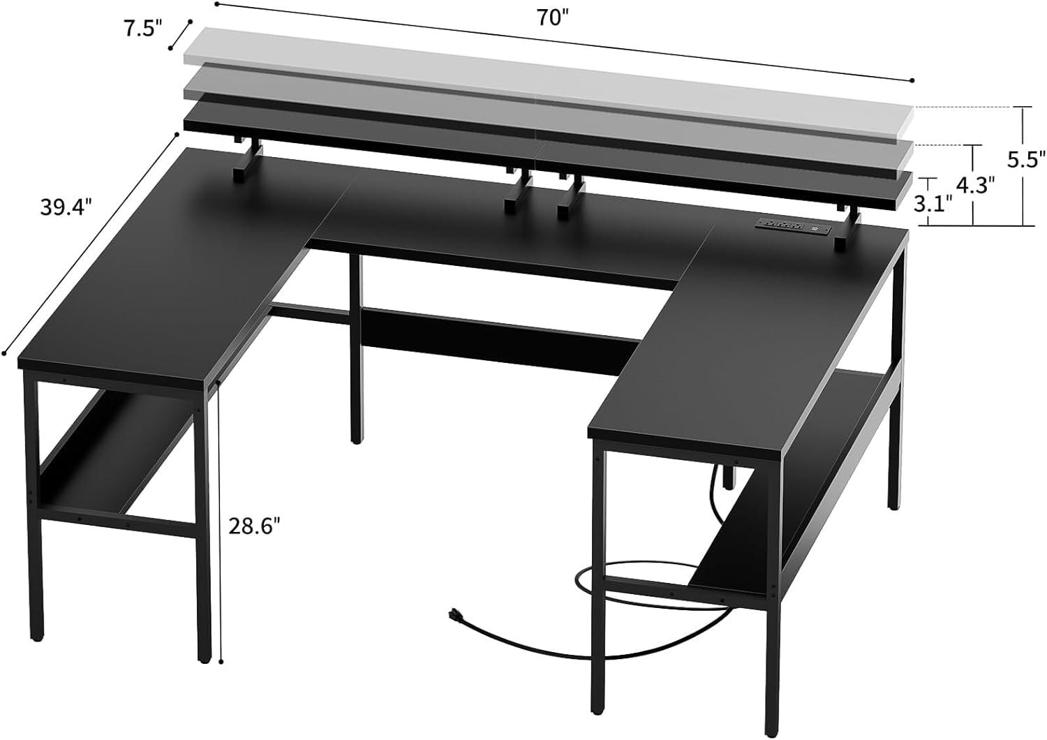 Jojoka U Shaped Computer Gaming Desk with LED Light & Power Outlets, Reversible 78.8" Large PC Desk with Monitor Stand & Storage Bag, Home Office Desk, Study Desk, Writing Desk, Workstation, Black