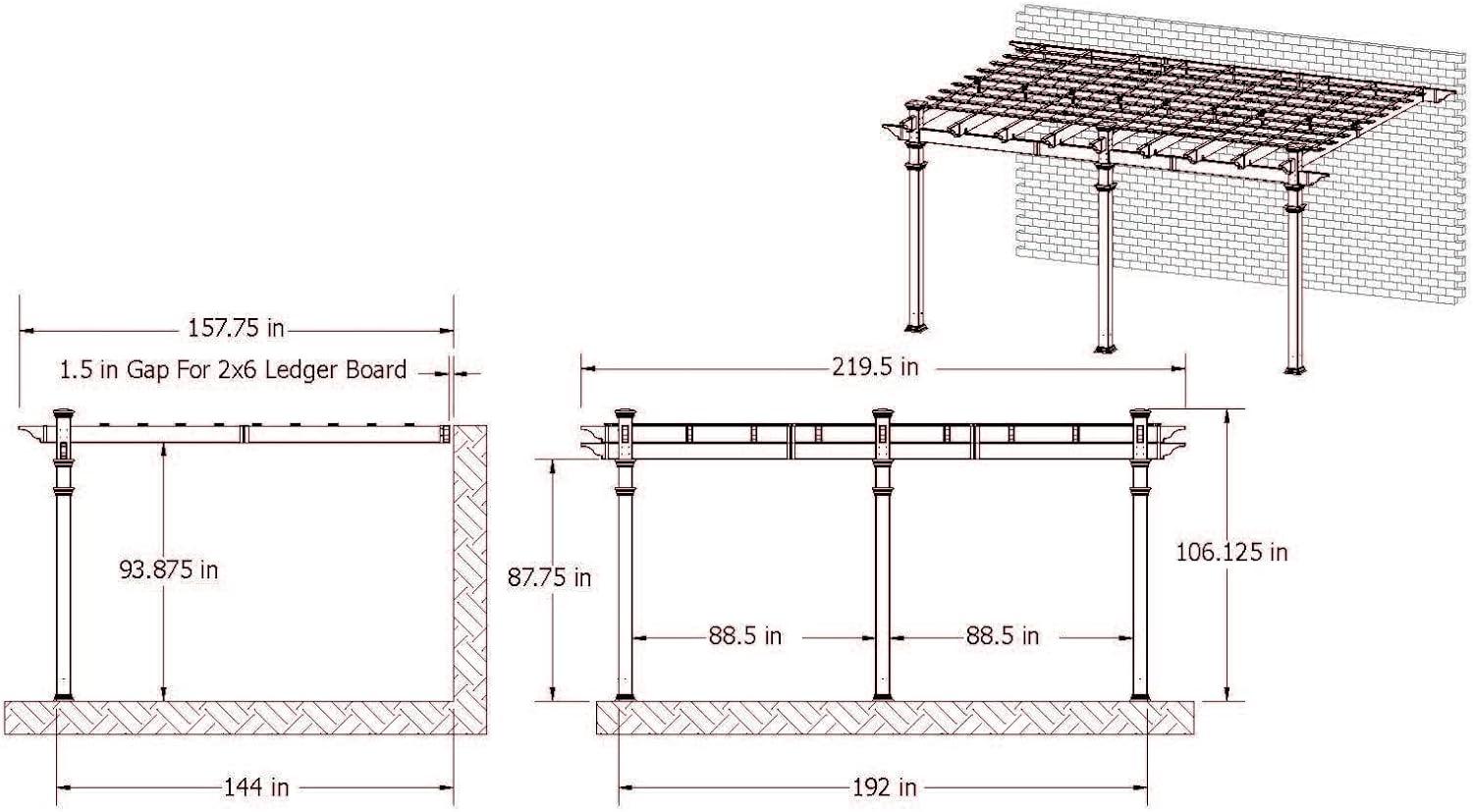 Vita Valencia 12 ft x 16 ft White Vinyl Attached Pergola, VA42086