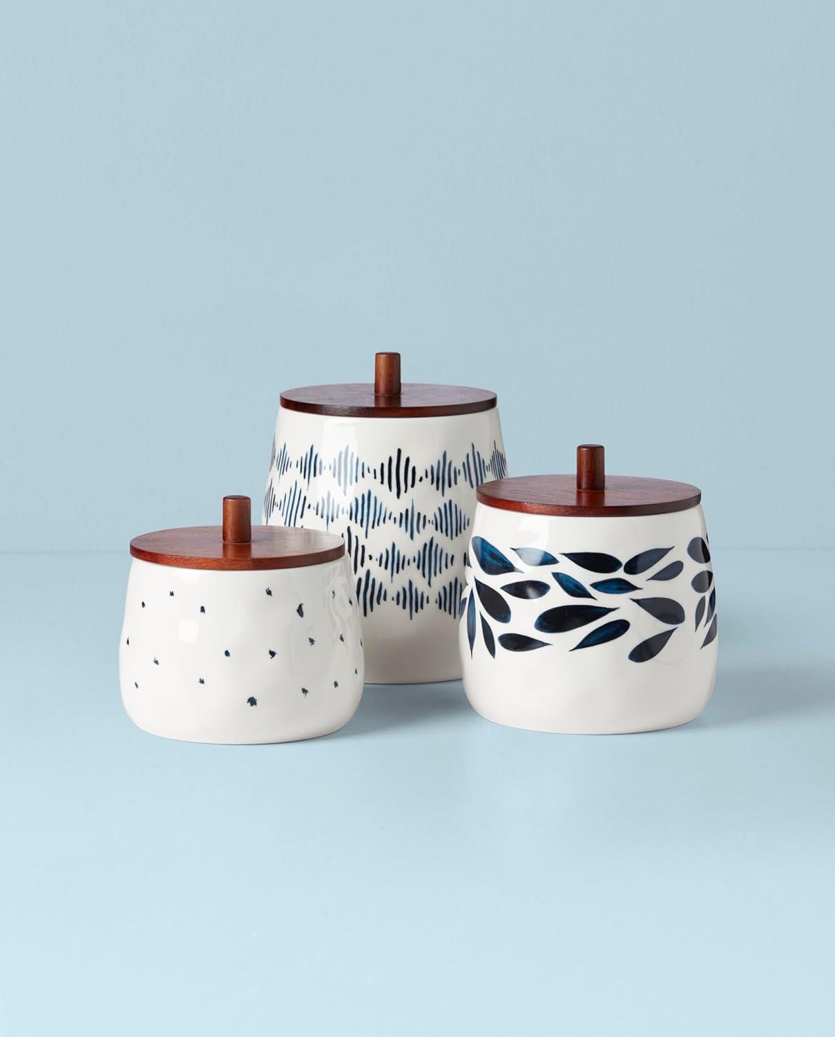 Blue and White Porcelain Canister Set with Wooden Lids