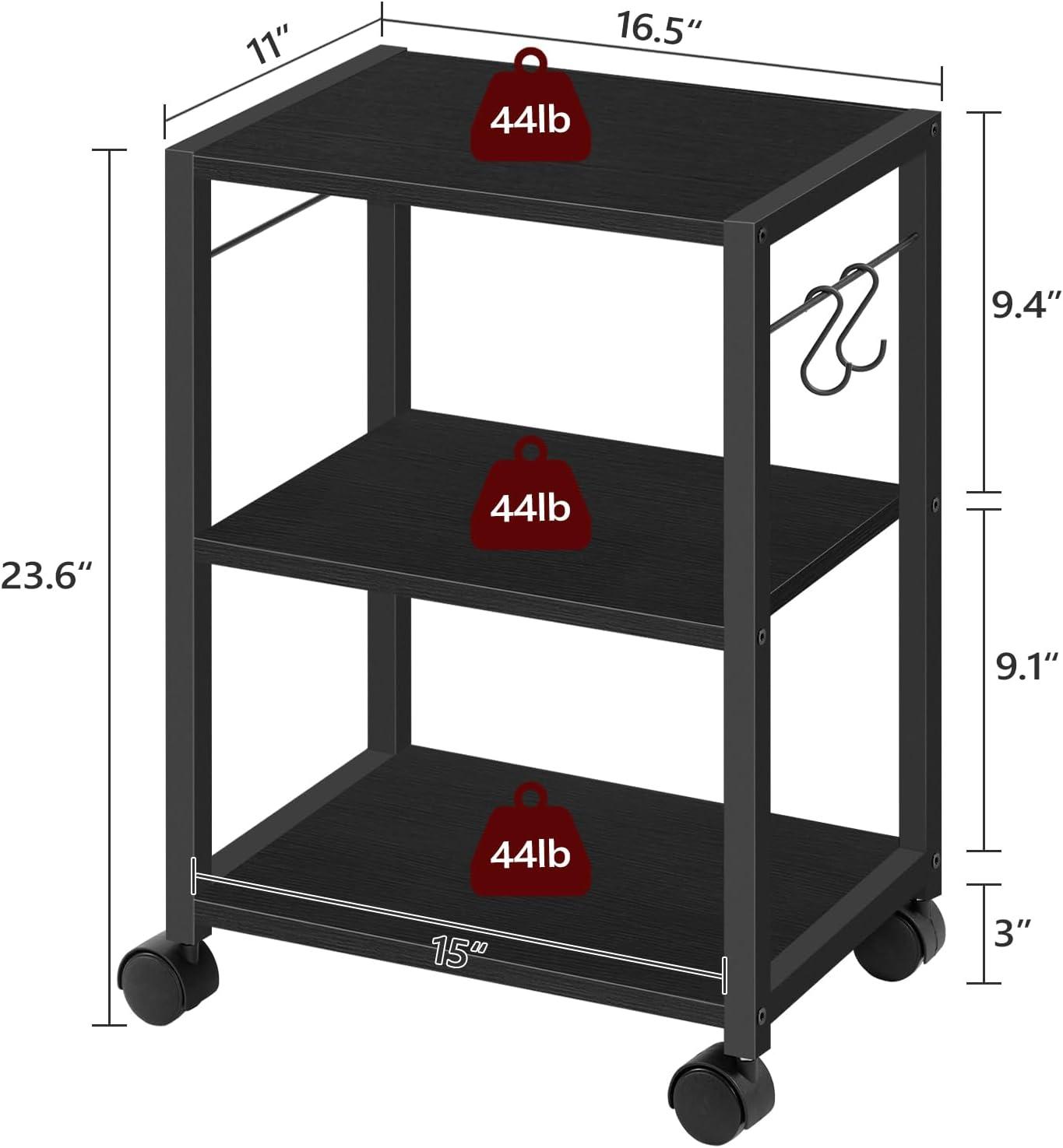 Adjustable Black Metal 3-Tier Printer Stand with Wheels