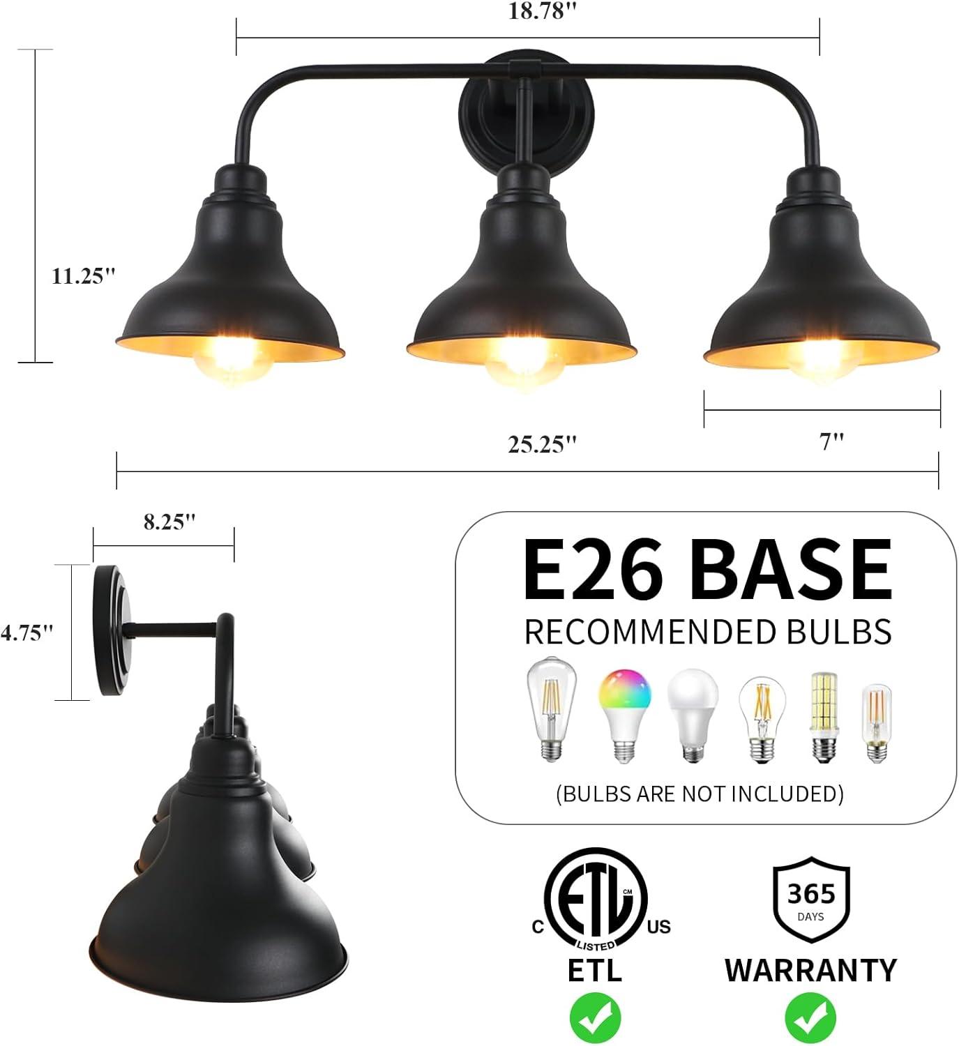 Farmhouse 25.25 in. 3-Light Black Vanity Light with Black Metal Shades