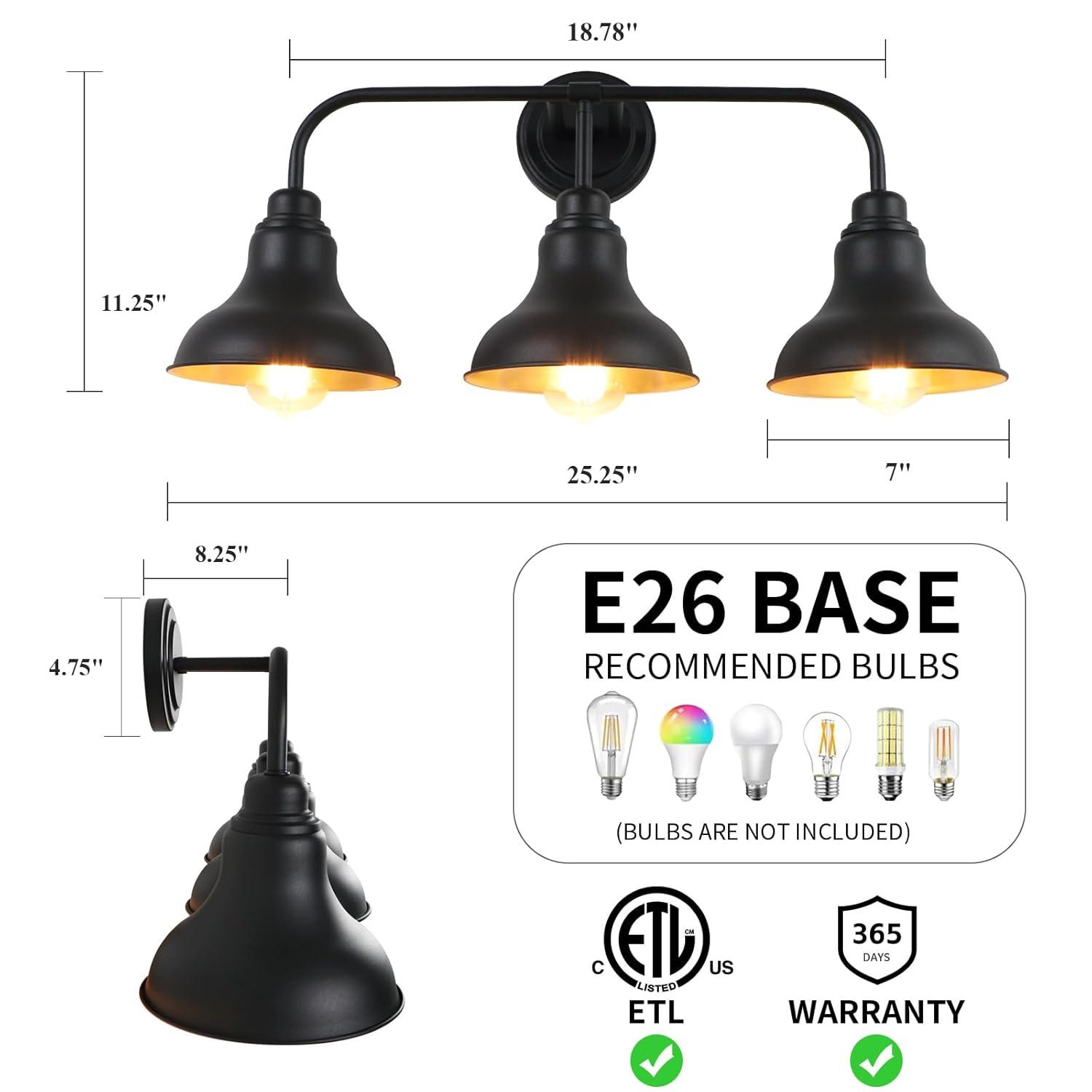 Farmhouse 25.25 in. 3-Light Black Vanity Light with Black Metal Shades