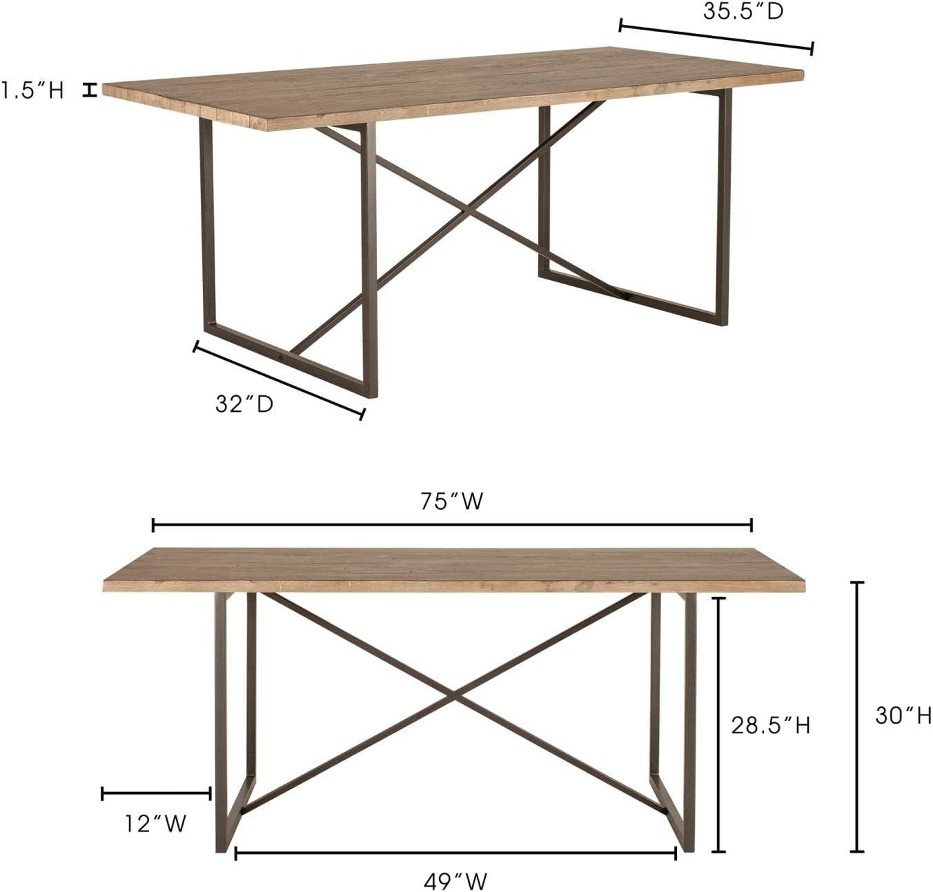 Sierra 75" Reclaimed Pine Wood Dining Table with Metal Base