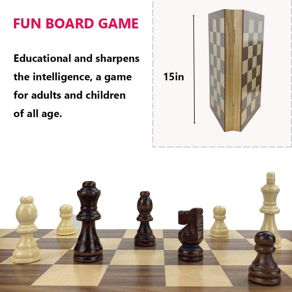 15inch Chess and Checkers Game Set - Chess Unique Gift for Kids and Adults. Durable Wooden Pieces, Sleek Wooden Board.Chess Introduces Strategy and Problem-Solving. Family Game Night Activity