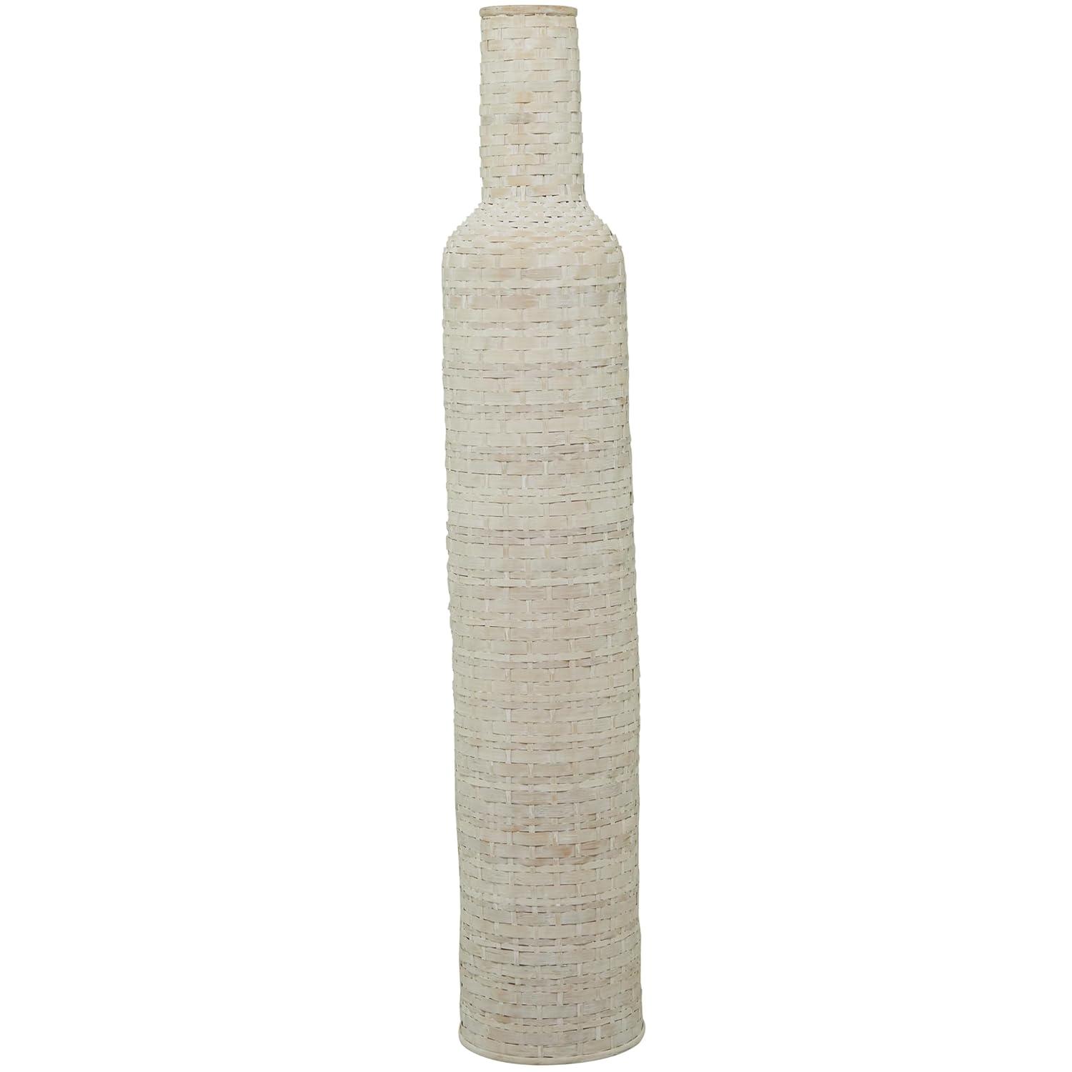 Studio 350 Florero Alto de Piso de Madera de Bambú Intrincadamente Tejido - Blanco O Marrón Blanco - 9"W, 48"H