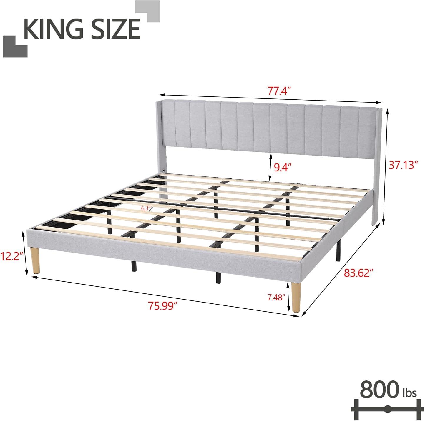 alazyhome Upholstered Platform King Size Bed Frame with Headboard Wooden Slats Support No Noise Easy Assembly Light Grey Linen