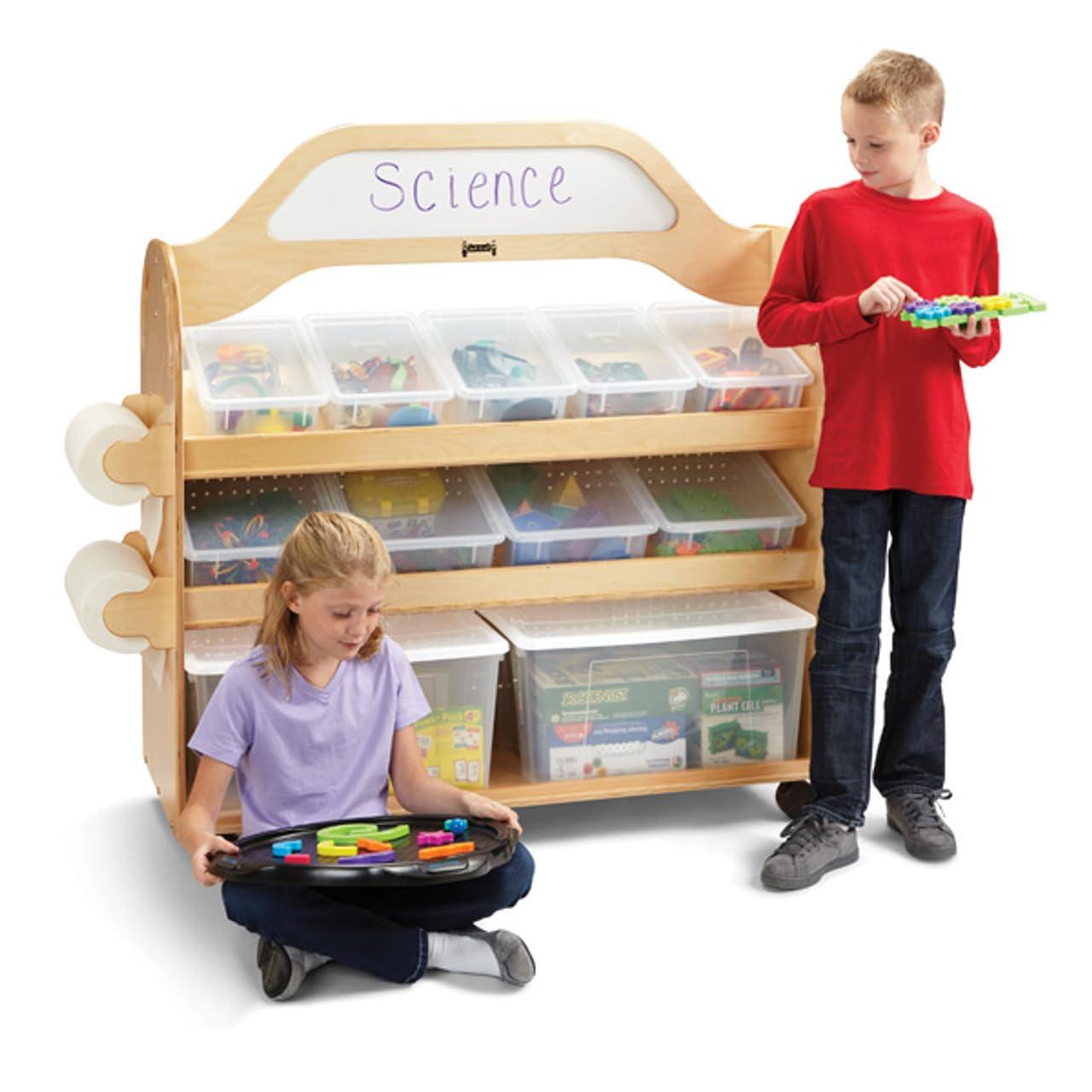 Natural Wood Acrylic Mobile Cart with Clear Storage Bins