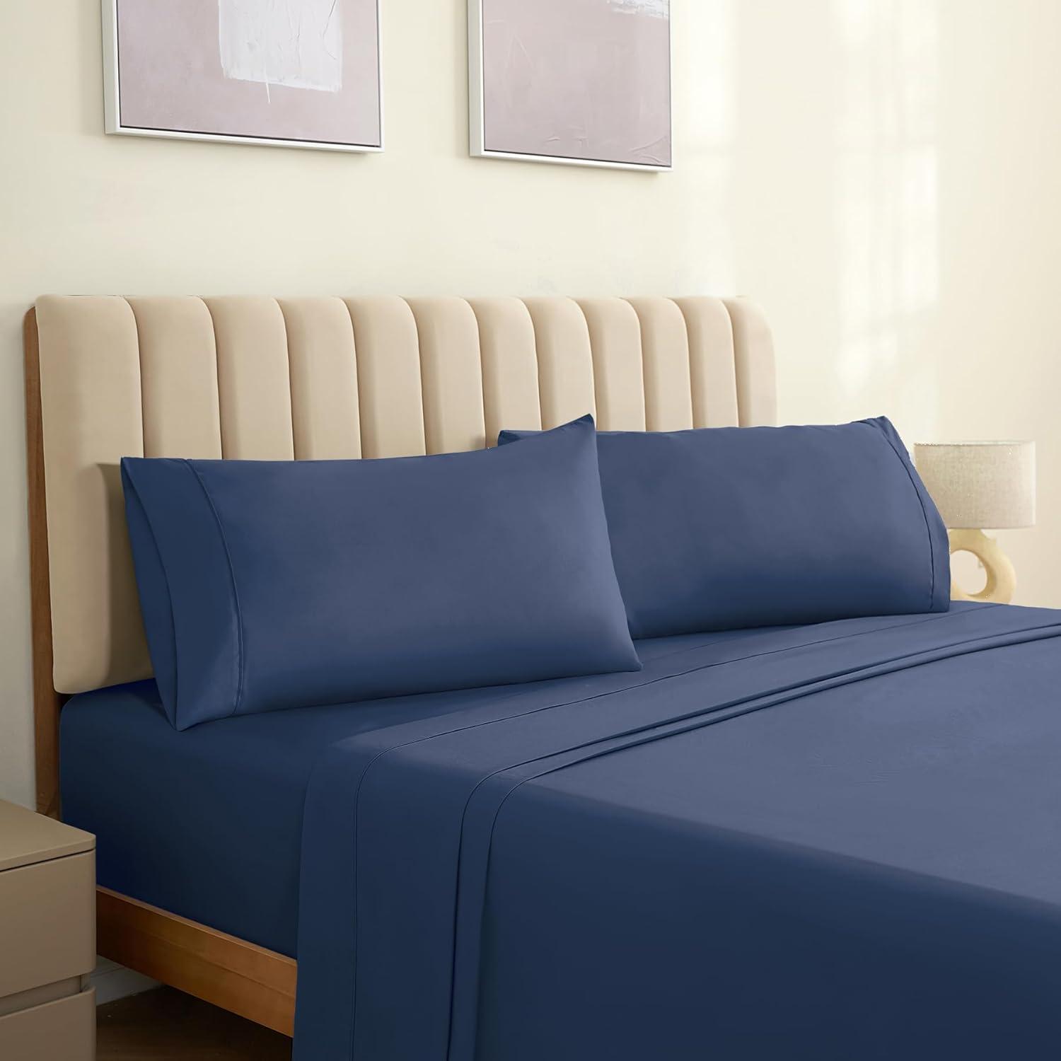 Navy Blue Cotton Satin Standard/Queen Pillowcase Set