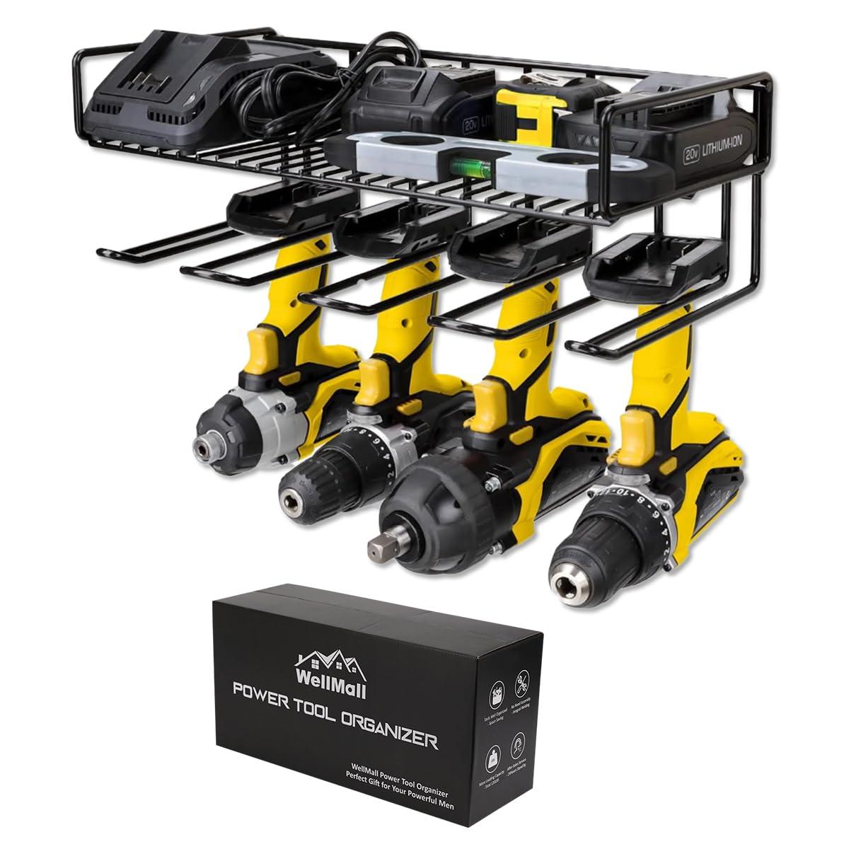 Heavy Duty Tool Organizer, 16"W x 7.48"H x 5.51"D, 4 Wall Mount Anchors, 3.95" Between Slots, Sturdy Steel Construction, Ideal for Power Tools