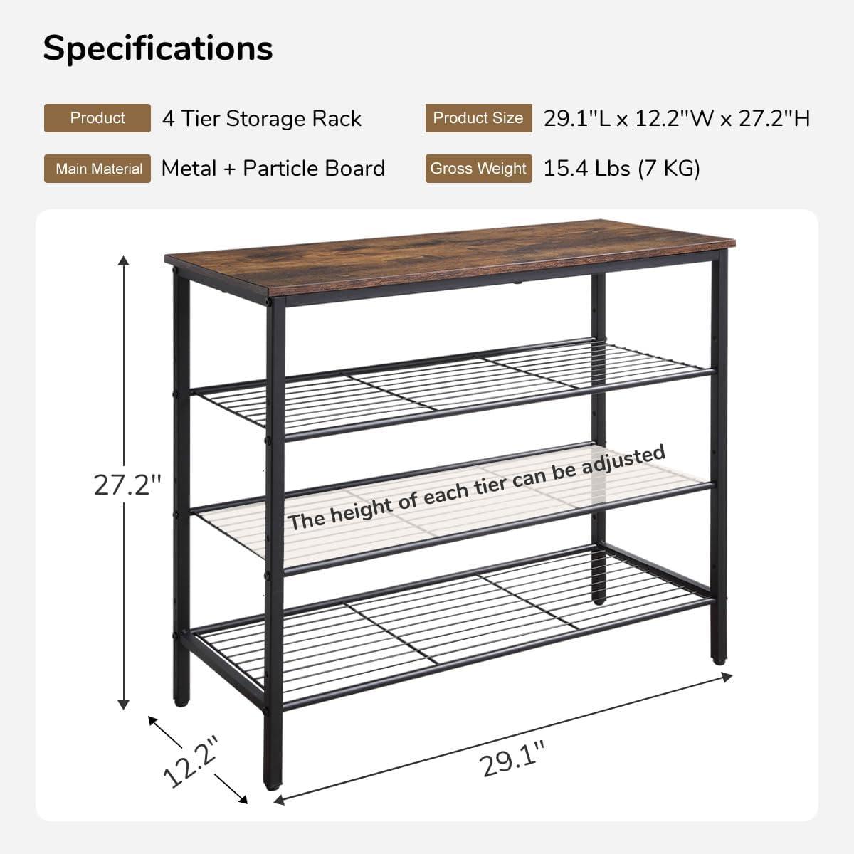 4-Tier Shoe Rack Organizer, Metal Mesh Shoe Storage Shelf, for Entryway, Hallway, Closet, Dorm Room, Industrial, Rustic Brown