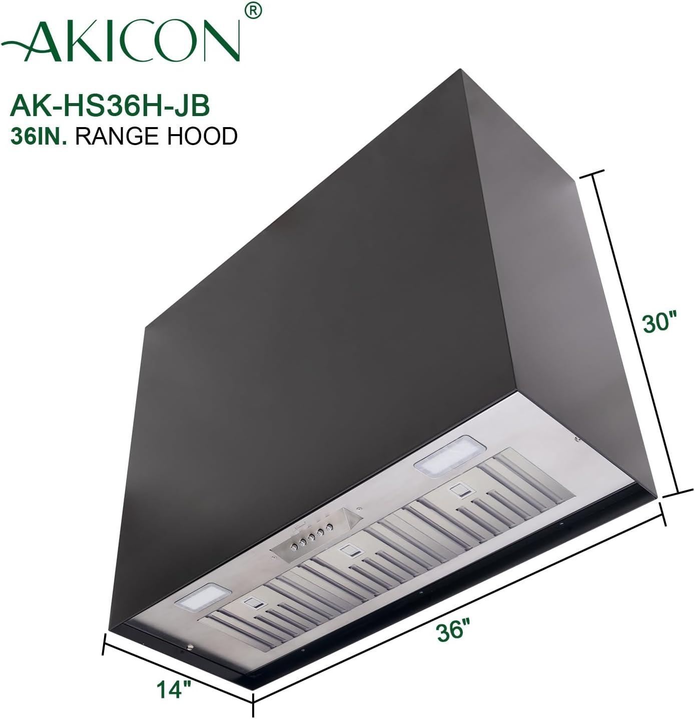 Akicon Stainless Steel Range Hood, Modern Box Kitchen Hood with Powerful Vent Motor, Wall Mount, 36”W*30”H*14D, Jet Black