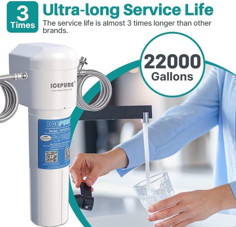 ICEPURE Under Sink Water Filter System, 3 Years or 22000 Gallons Ultra High Life NSF/ANSI 42 Certified, Removes Heavy Metals,Chlorine,Direct Connect Under Counter Drinking Water System, USA Tech