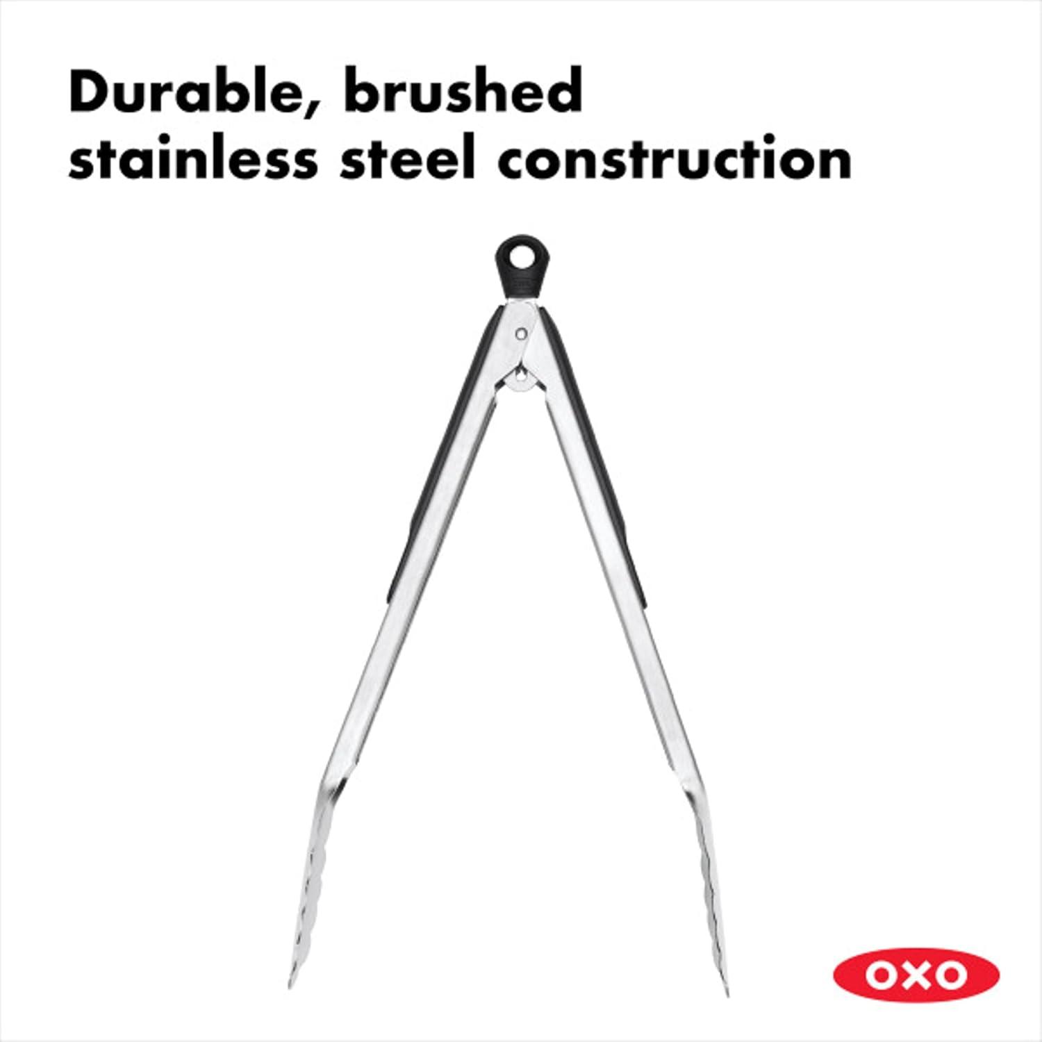 OXO 12 Inch Heavy Duty Brushed Stainless Steel Outdoor Indoor Grilling Tongs