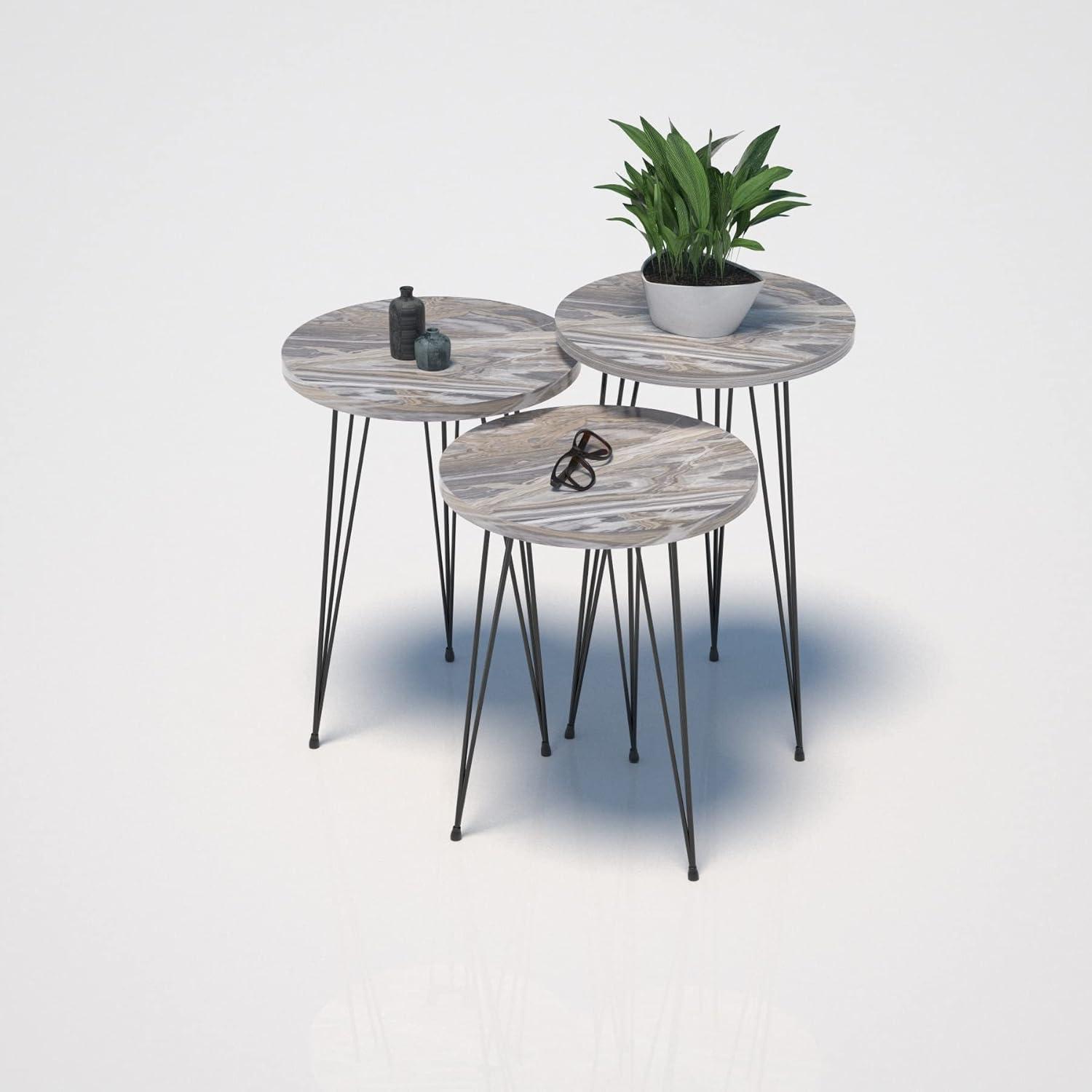 PAK HOME Set of 3 Grey Marble Nesting End Tables Round Wood Stacking Coffee Side Accent Table with Metal Legs for Living Room, Home Office, Nightstands for Bedroom