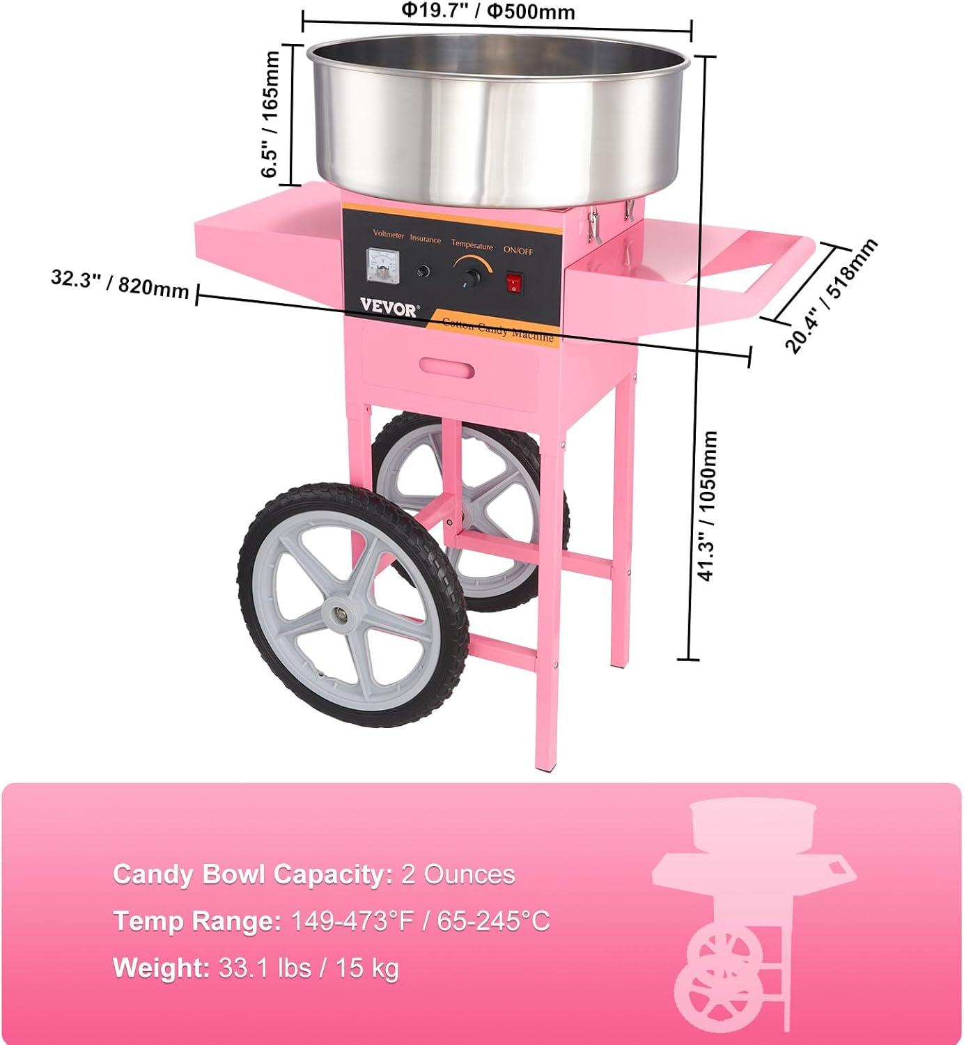 VEVOR Electric Cotton Candy Machine Cart, 1000W Commercial Floss Maker w/Stainless Steel Bowl, Sugar Scoop and Drawer, Perfect for Home, Carnival, Kids Birthday, Family Party, Pink