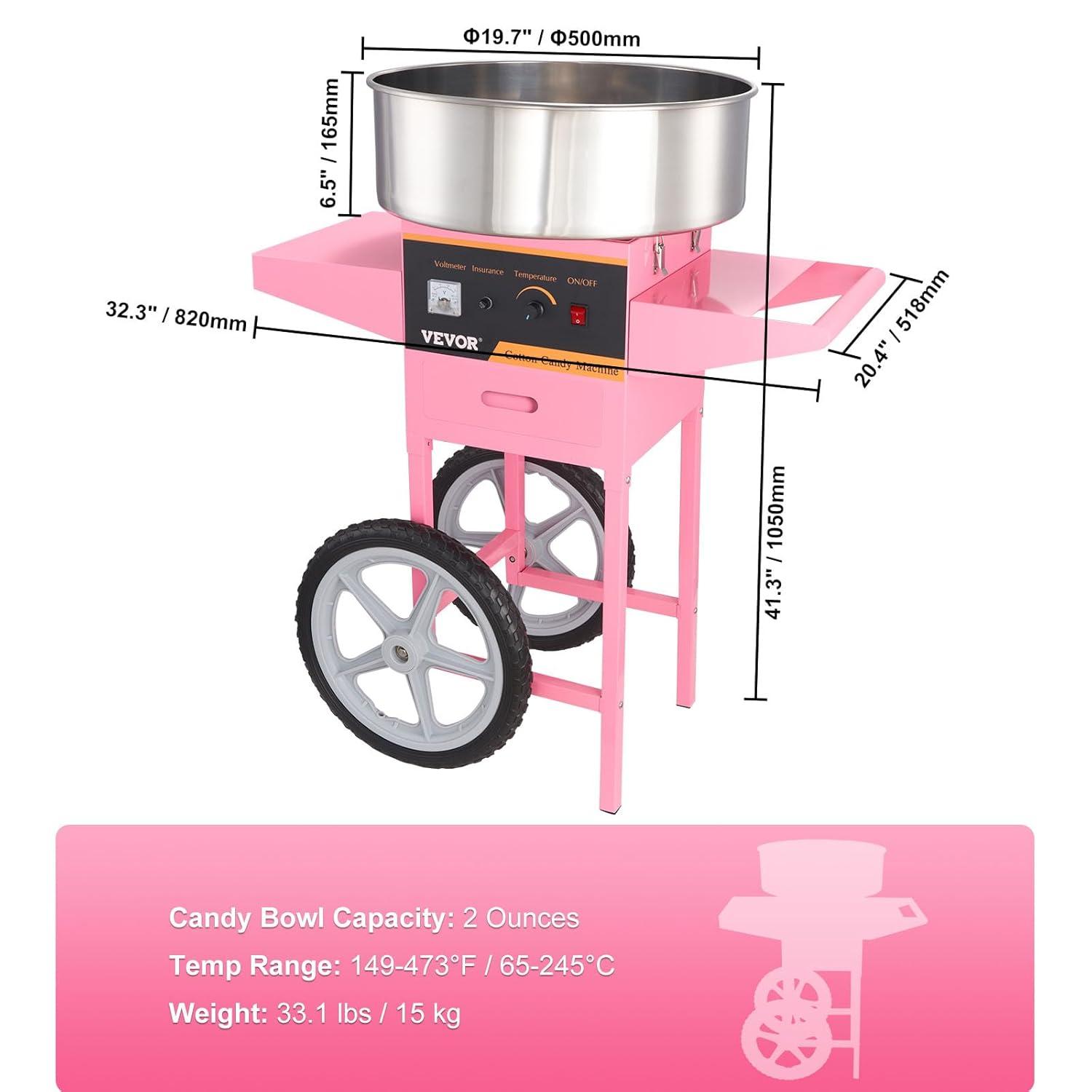 VEVOR Electric Cotton Candy Machine with Cart, 1000W Commercial Floss Maker with Stainless Steel Bowl, Sugar Scoop and Drawer, Pink