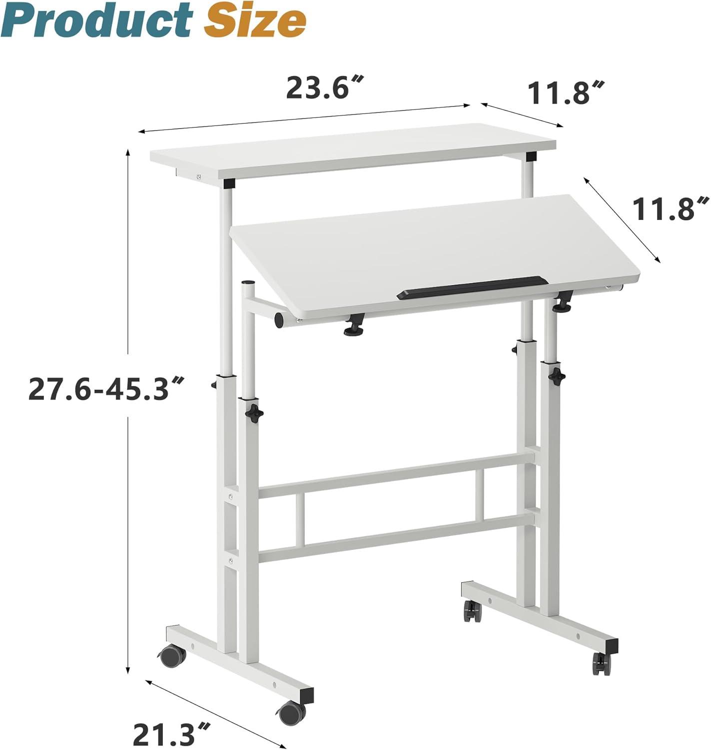 QuellQuest Adjustable Laptop Desk with Wheels Home Office Workstation Rolling White Table Laptop Cart for Standing or Sitting