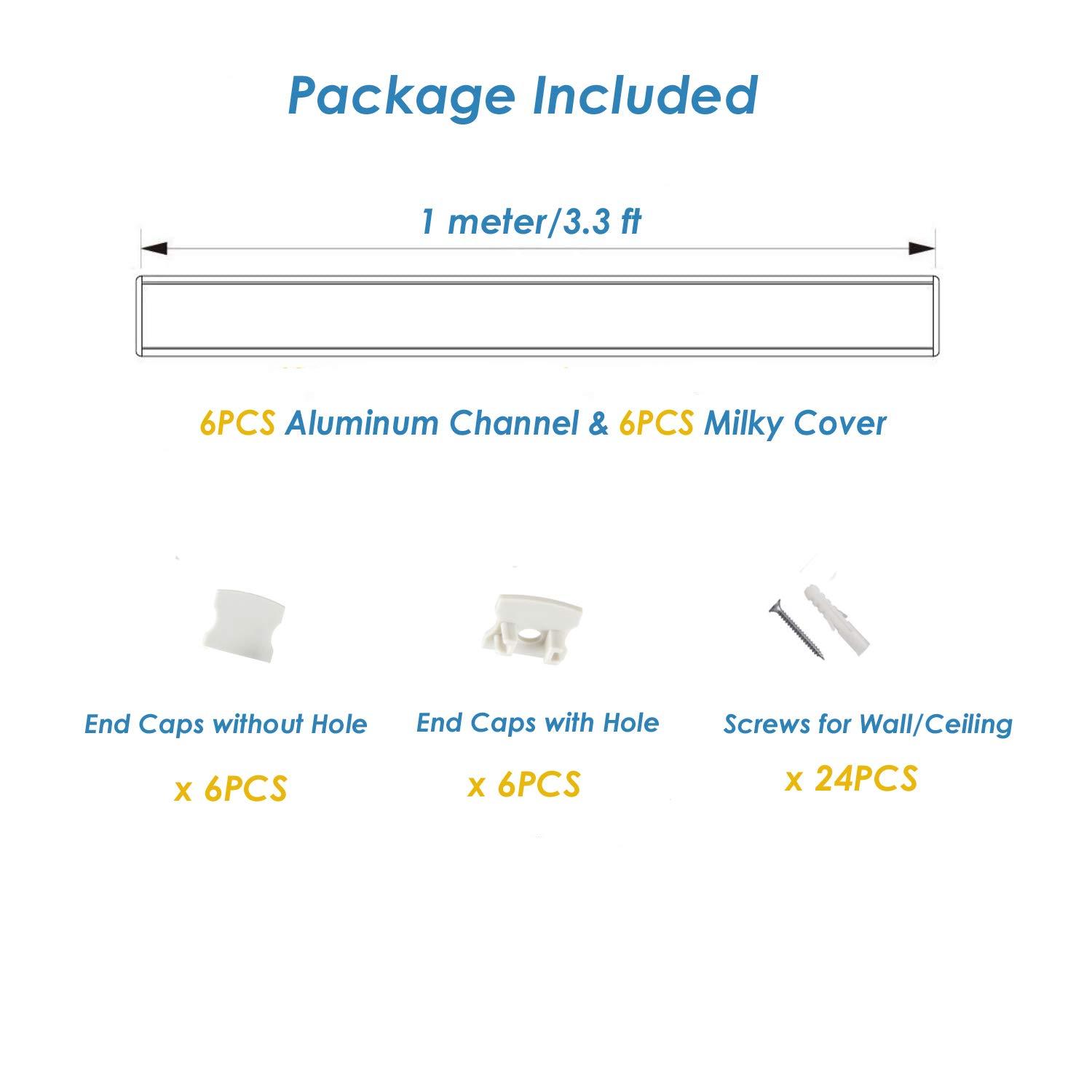 Plaster-in LED Aluminum Channel 6Pack 1m/3.3ft Plaster LED Strip Light Diffuser Profile,Trimless Drywall Aluminum LED Channel Profile with Milky Diffuser Cover End Cap for Wall and Ceiling