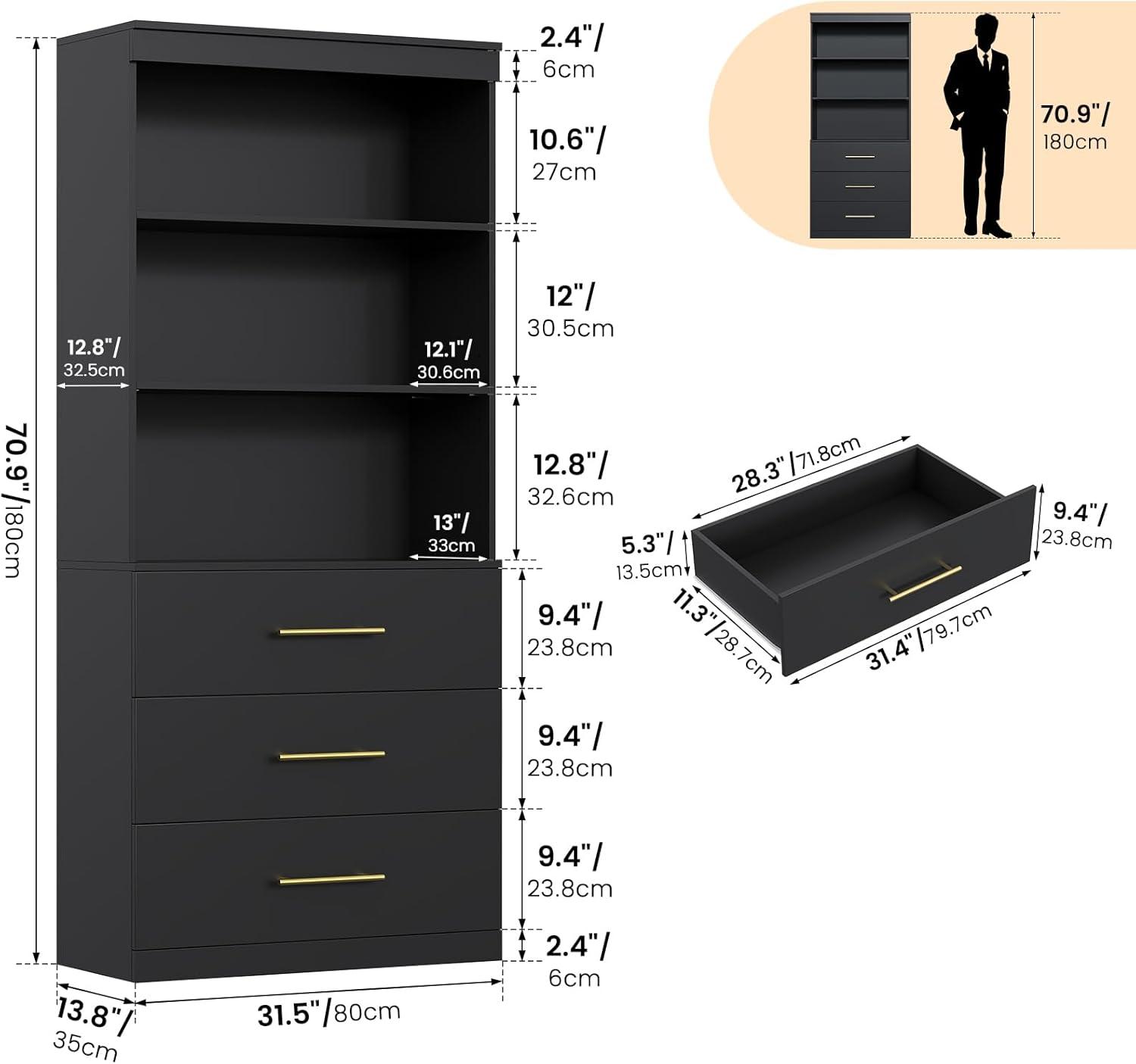 Winkalon 71" H Black Bookshelf with Drawers, Bookshelf and Bookcase with 3-Tier Open Shelves, Tall Bookcase Tall Storage Cabinet for Home Office