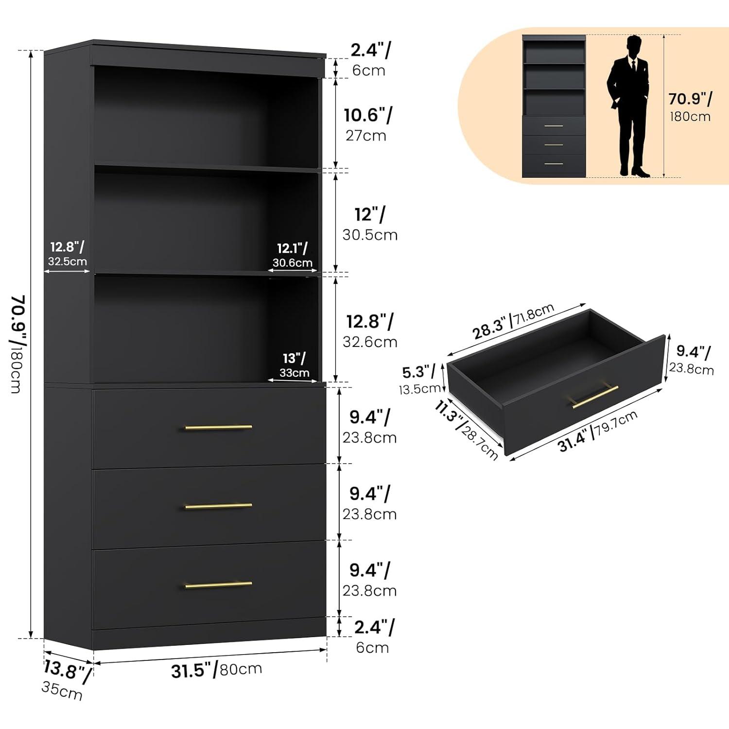 Winkalon 71" H Black Bookshelf with Drawers, Bookshelf and Bookcase with 3-Tier Open Shelves, Tall Bookcase Tall Storage Cabinet for Home Office