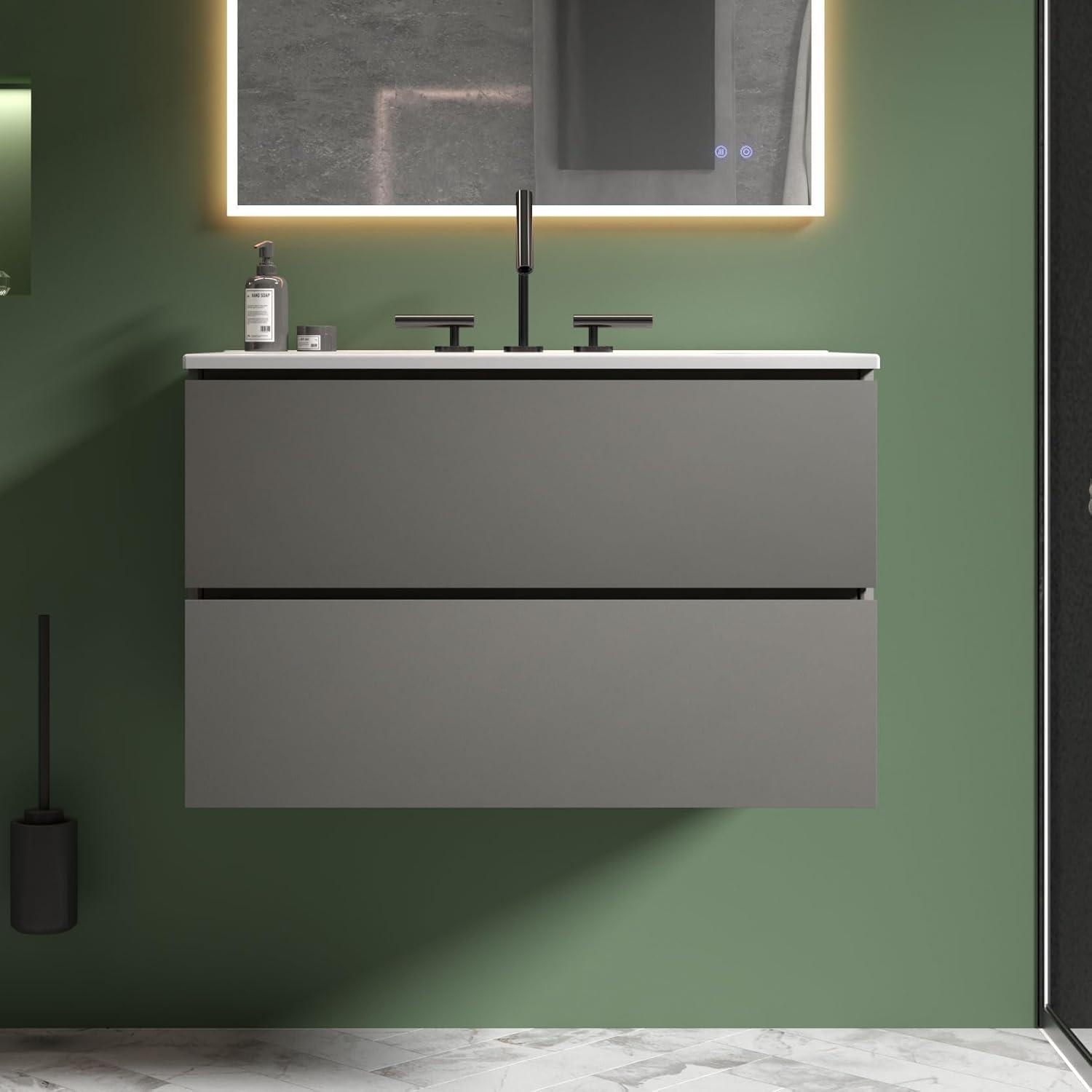 Little Tulip 30" Floating Bathroom Vanity with 3-Hole Ceramic Sink, Contemporary Bathroom Cabinet with 2 Drawers, Gray