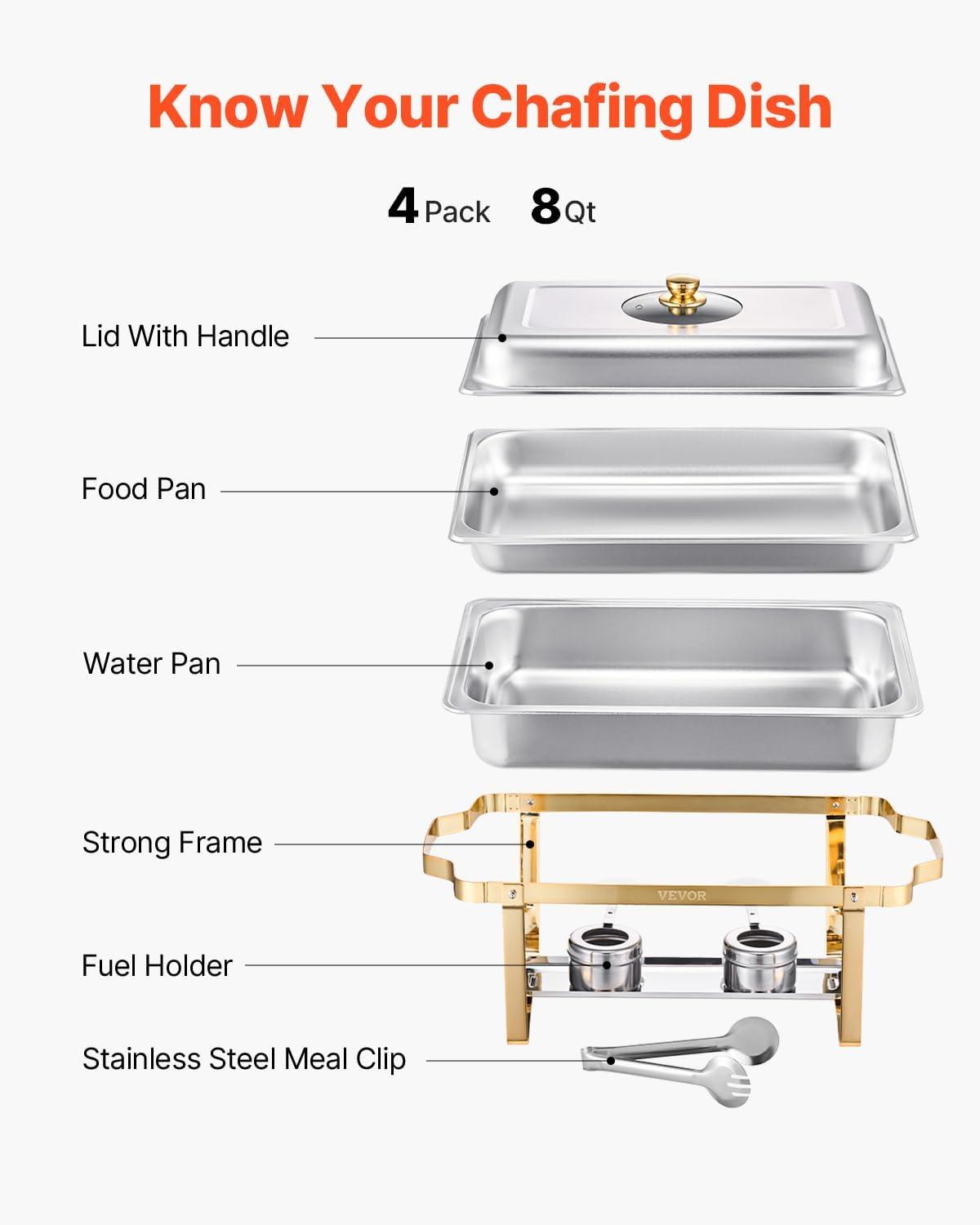 VEVOR Chafing Dish Buffet Set, 8 Qt 4 Pack, Stainless Steel Chafer with 4 Full Size Pans, Rectangle Catering Warmer Server with Glass Lid Water Pan Folding Stand Fuel Holder, for Wedding Party Banquet