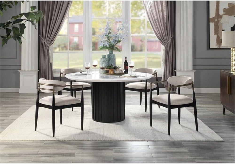 54" Round White Marble Top Black Pedestal Dining Table