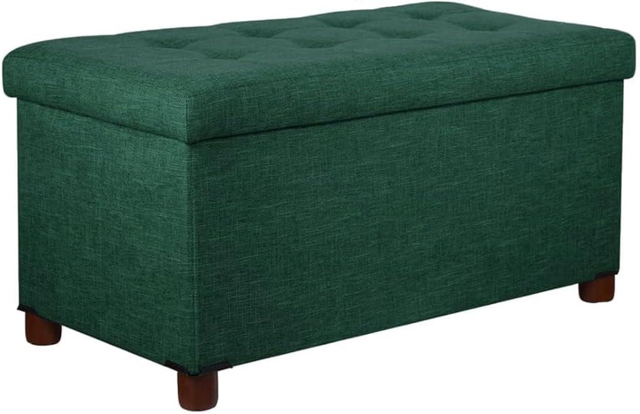 30 Inches Storage Ottoman Bench, Storage Bench with Wooden Legs for Living Room Ottoman Foot Rest Removeable Lid for Bedroom End of Bed, Linen Fabric Green Color
